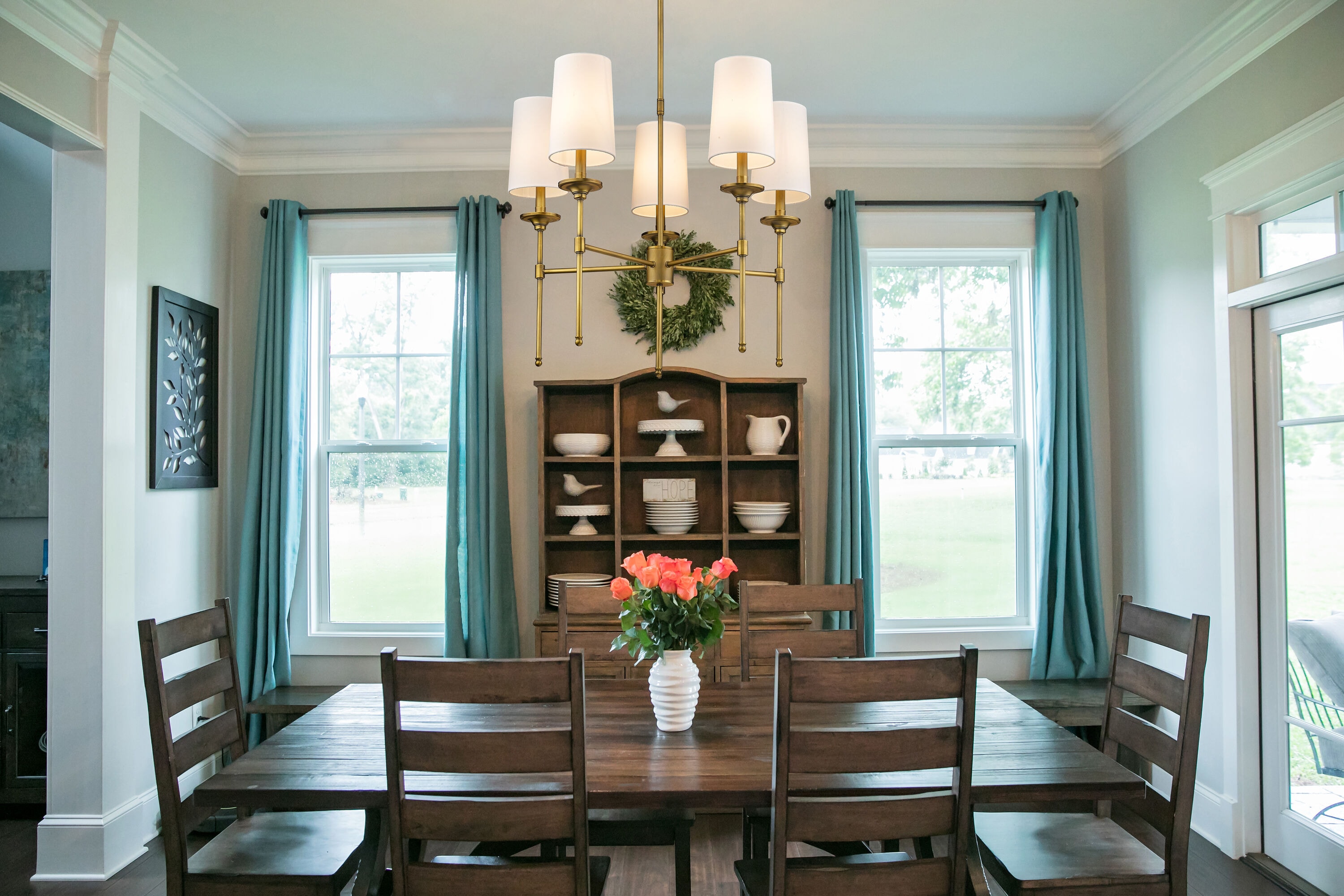 Emily Rubbed Brass 5-Light Chandelier with Off-White Shades