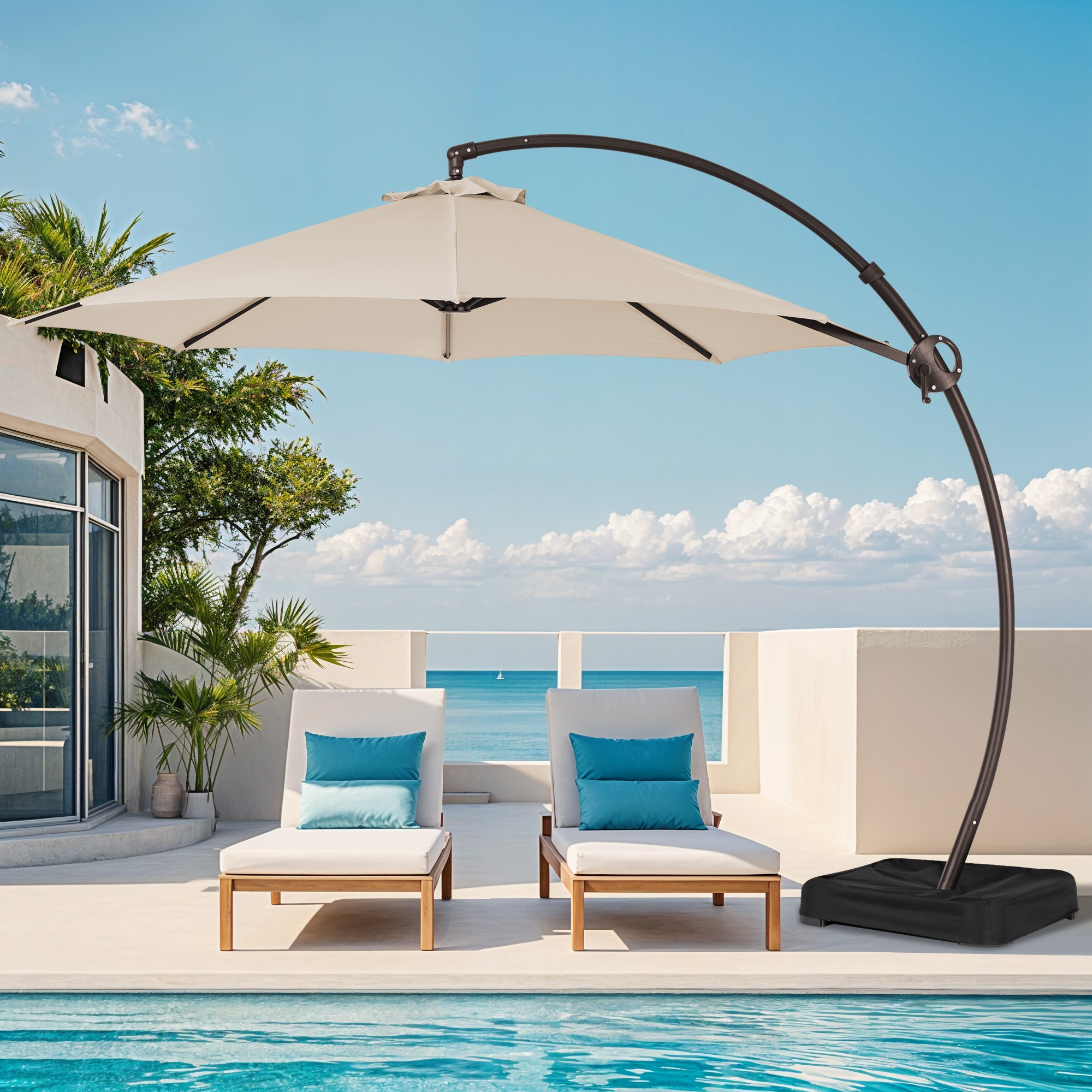 VOUA 10X10-LK-OE+DZ 11-Feet Aluminum Beige Crank Cantilever Patio Umbrella with Base