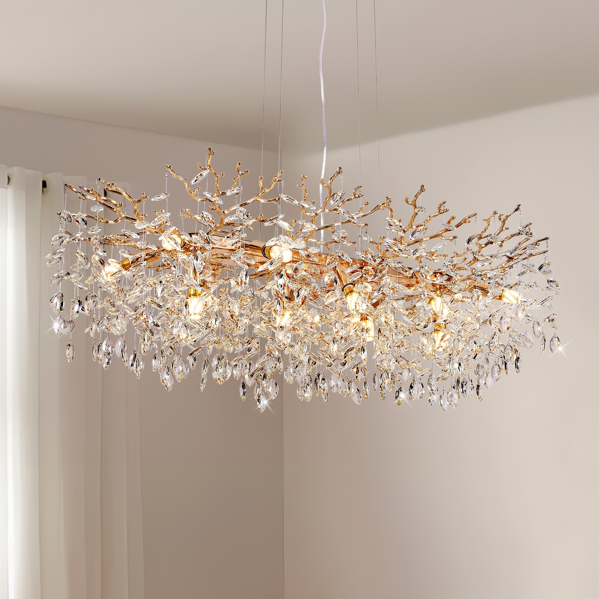 Zitrend 49-in Rectangle Chandelier 14-Light Gold Linear Branching Canopy Glam Fixture for Dining Room Kitchen and Living Room Decorative Ceiling Lighting