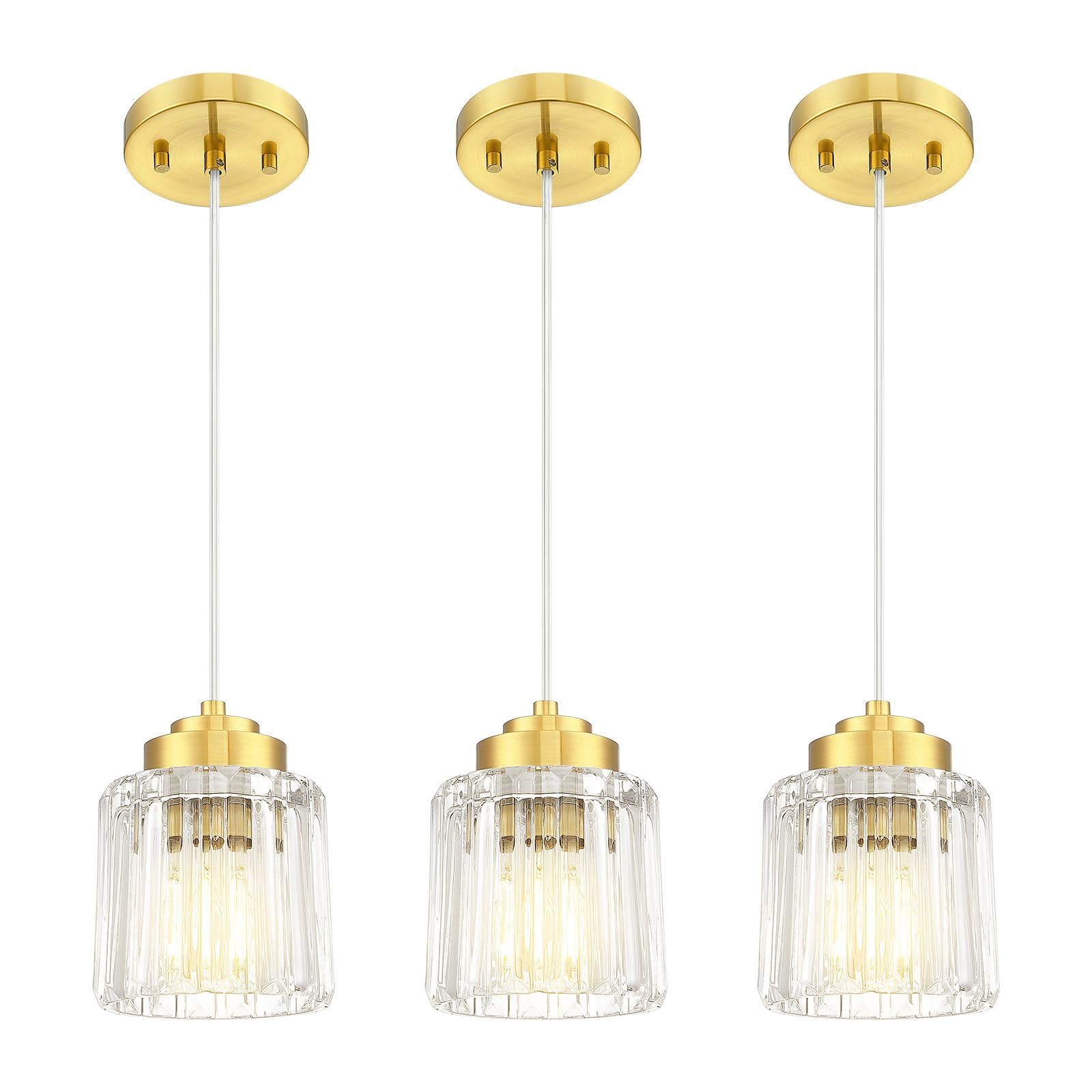 LTMATE LSHE293MIL-3PK BG 3PK 1-Light Adjustable Pendant Light with Clear Fluted Ripple Glass in Gold Finish