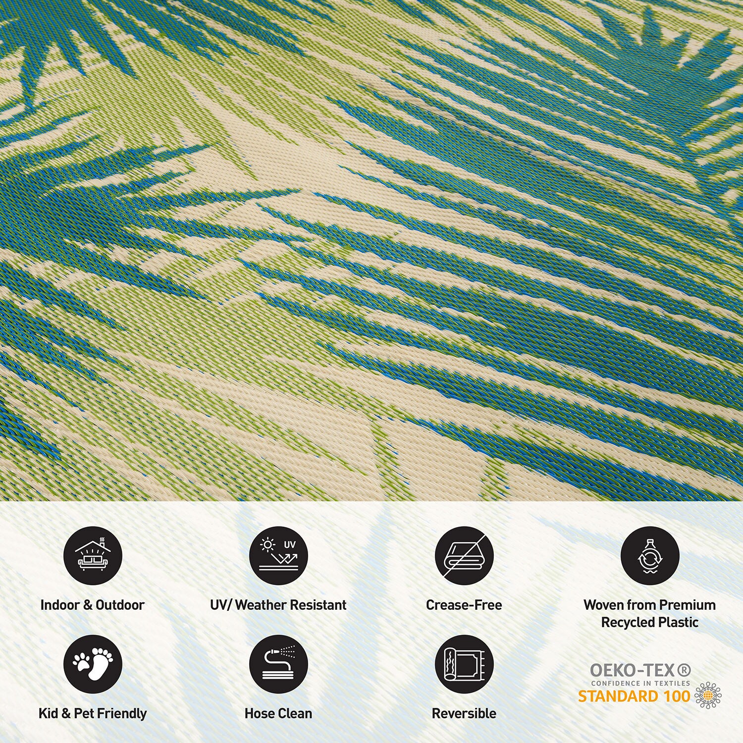 Green Tropical Floral Reversible Synthetic Indoor/Outdoor Rug 5' x 7'