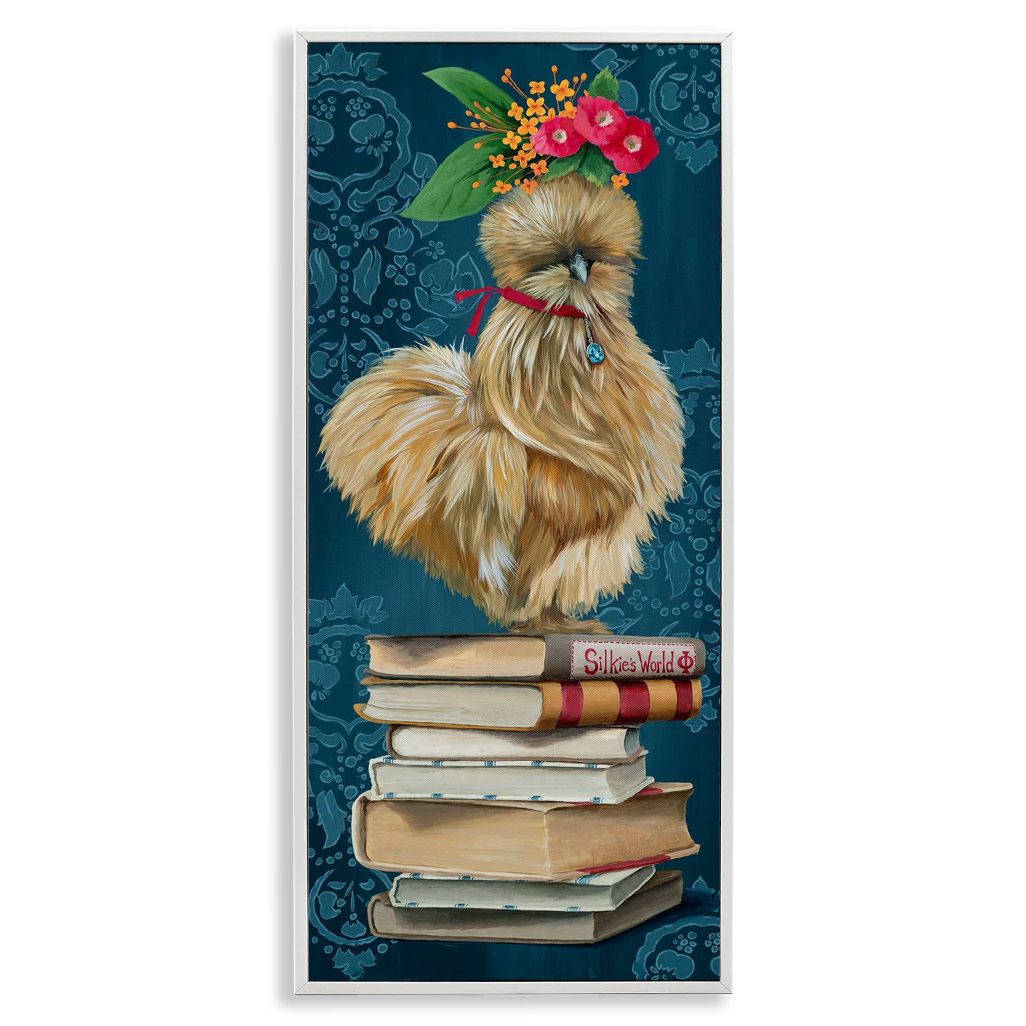 Stupell Industries BT-211-WFR-13X30 Farmhouse Chicken on Bookstack Framed Giclee design by Heather Gauthier