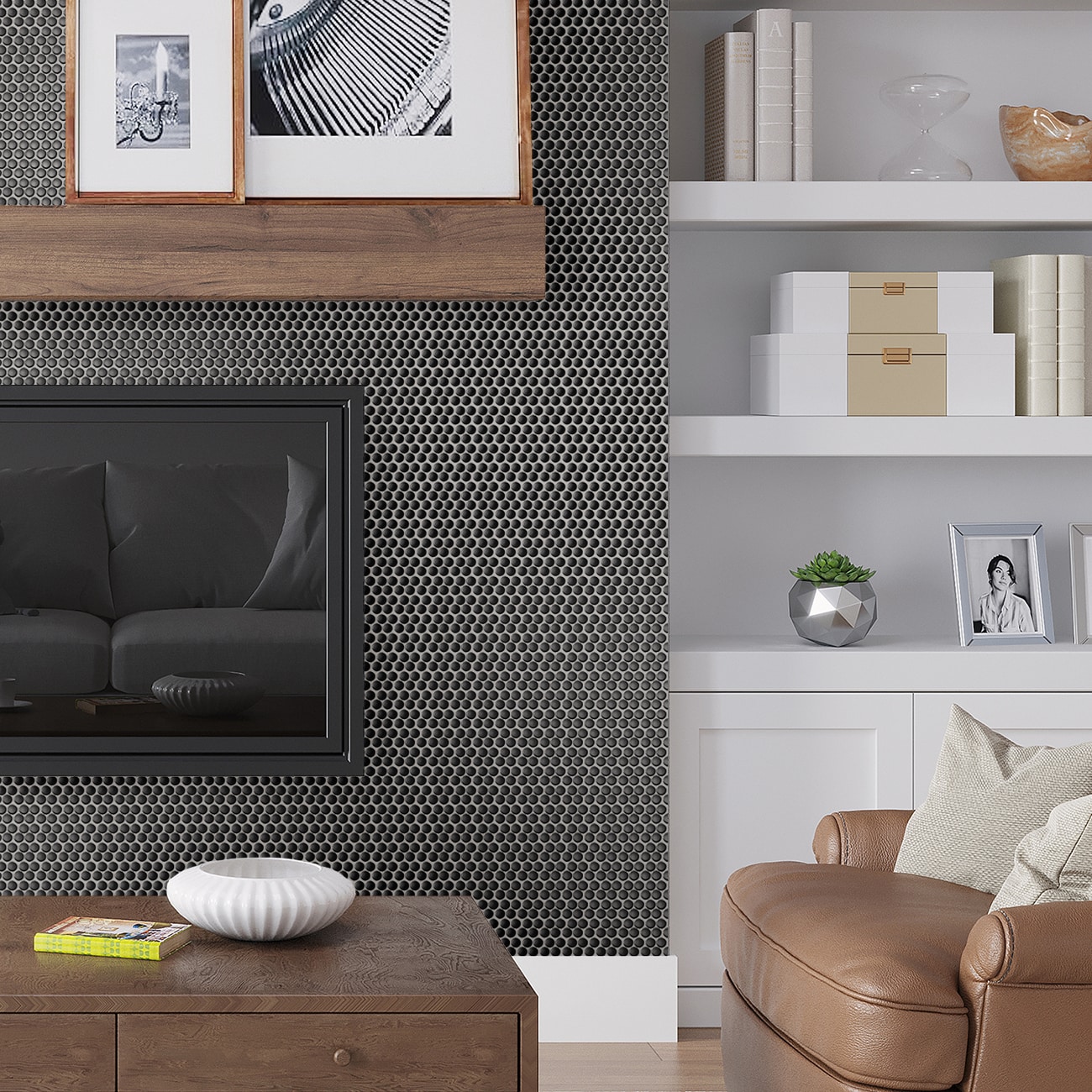 Cirkel 11.46'' x 12.4'' Glossy Black Porcelain Penny Tile Mosaic