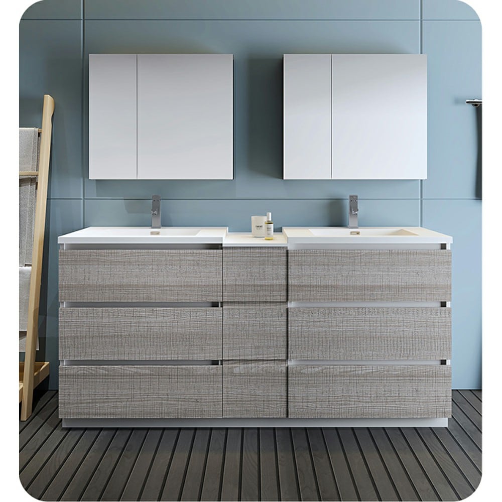 Fresca FCB93-301230HA-D-I Lazzaro 72-in Ash Gray - 3 PCS Double sink Bathroom Vanity with White Acrylic Top
