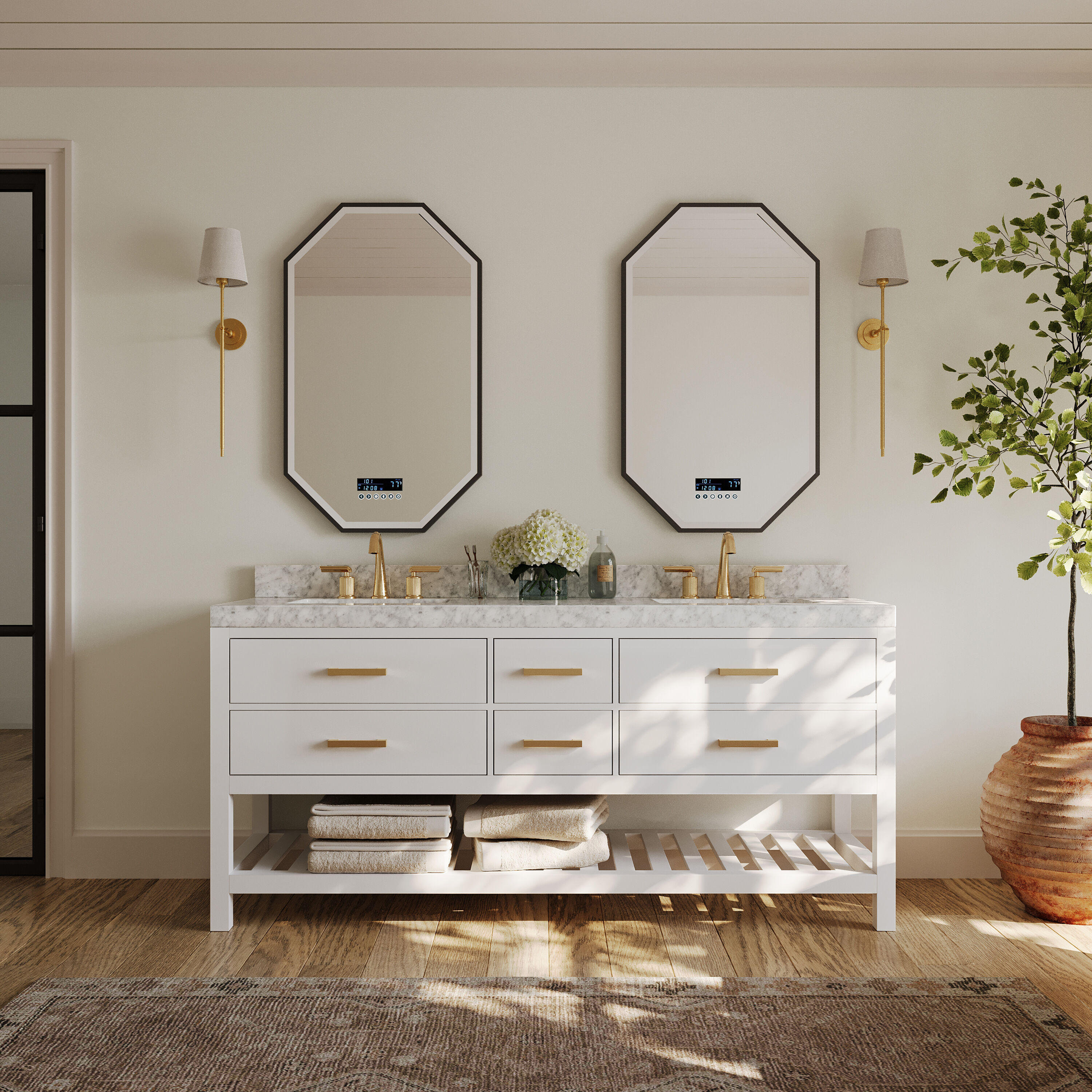 Ancerre Designs VTSELIZABETH72WCWGD Elizabeth 72-in White Undermount Double sink Bathroom Vanity with Carrara White Natural marble Top
