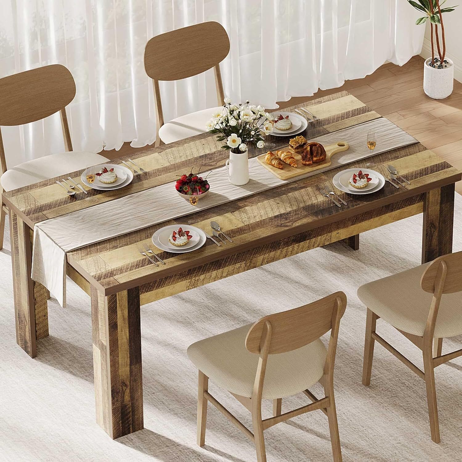 WhizMax XSN-PHO-16F2-BR30 63 in Dining Tables for 4 or 6 Farmhouse Large Wood Kitchen Dining Table Rectangular Dining Room Table for Dining room Only Table No Chair Brown