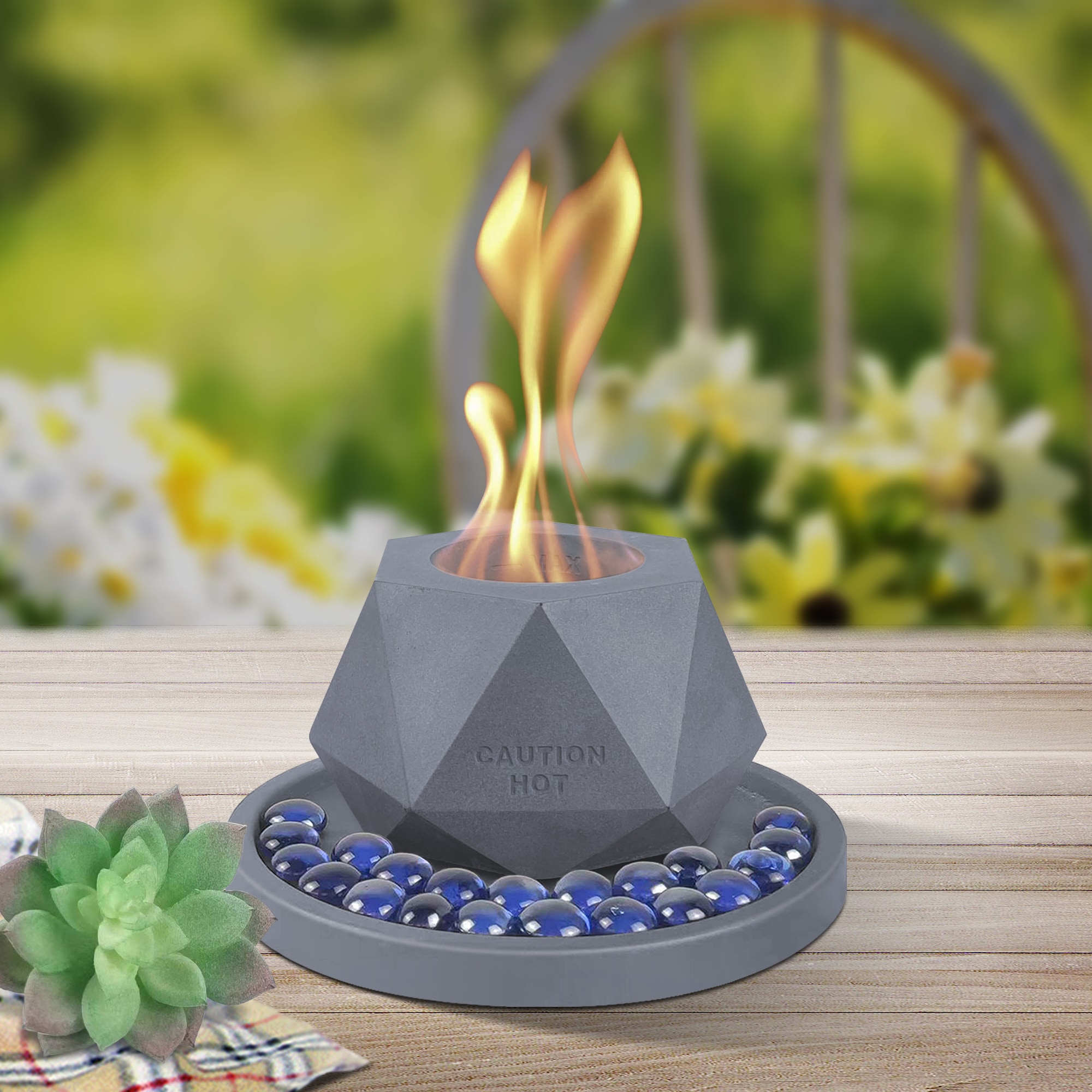 KANTE Kante 5.5 in. W Hexagonal Gem Portable Concrete Rubbing Alcohol  Tabletop Fire Pit with Metal Extinguisher, Blue Fire Glass and 7.2 in. Dark  Gray Base, Ethanol Fireplace, Indoor Outdoor Décor, Table