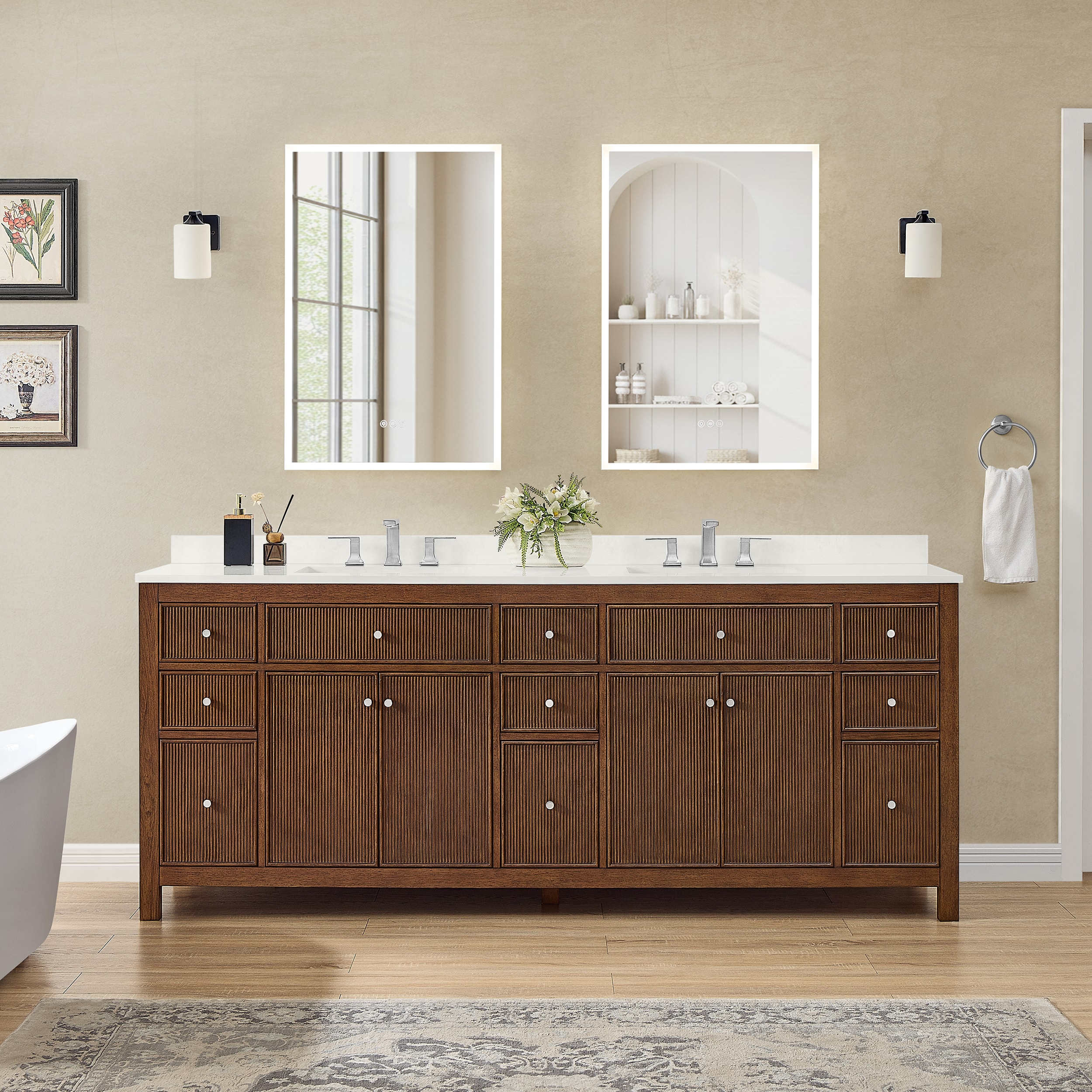 Wyndham Collection - Pendry 84 Inch Double Bathroom Vanity in Dark Walnut, White Quartz Counterto...