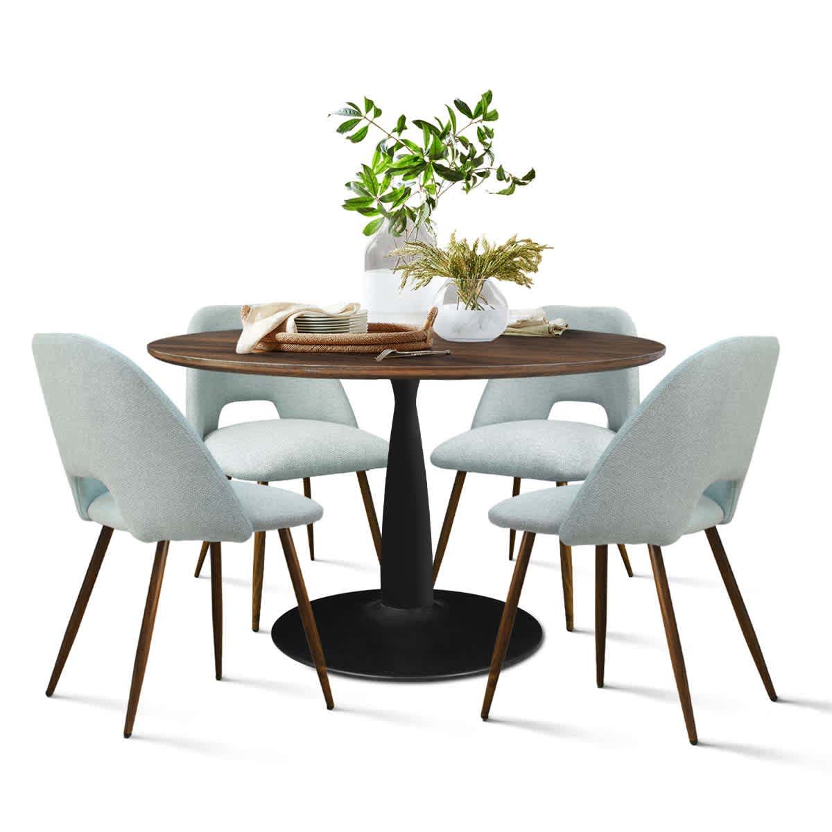 Maison Boucle HAROLD+EDWIN-TUR-4 5-Piece Round Walnut Dining Table Set with Pedestal Base and 4 Turquoise Upholstered Chairs