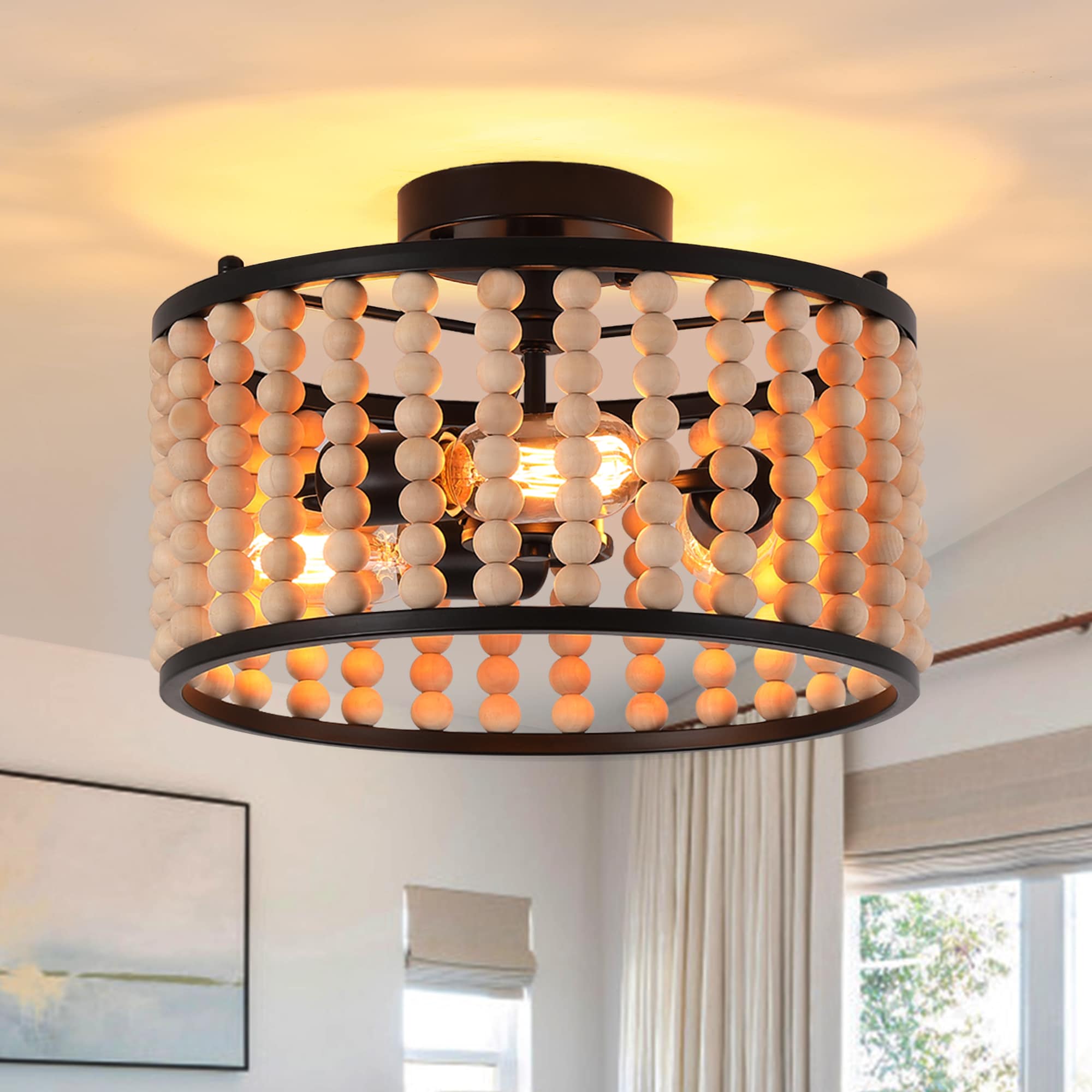 DAKAFUL Boho Farmhouse 13 in. 3-Light Black and Brown Wood Beaded Chandelier Semi Flush Mount Ceiling Light