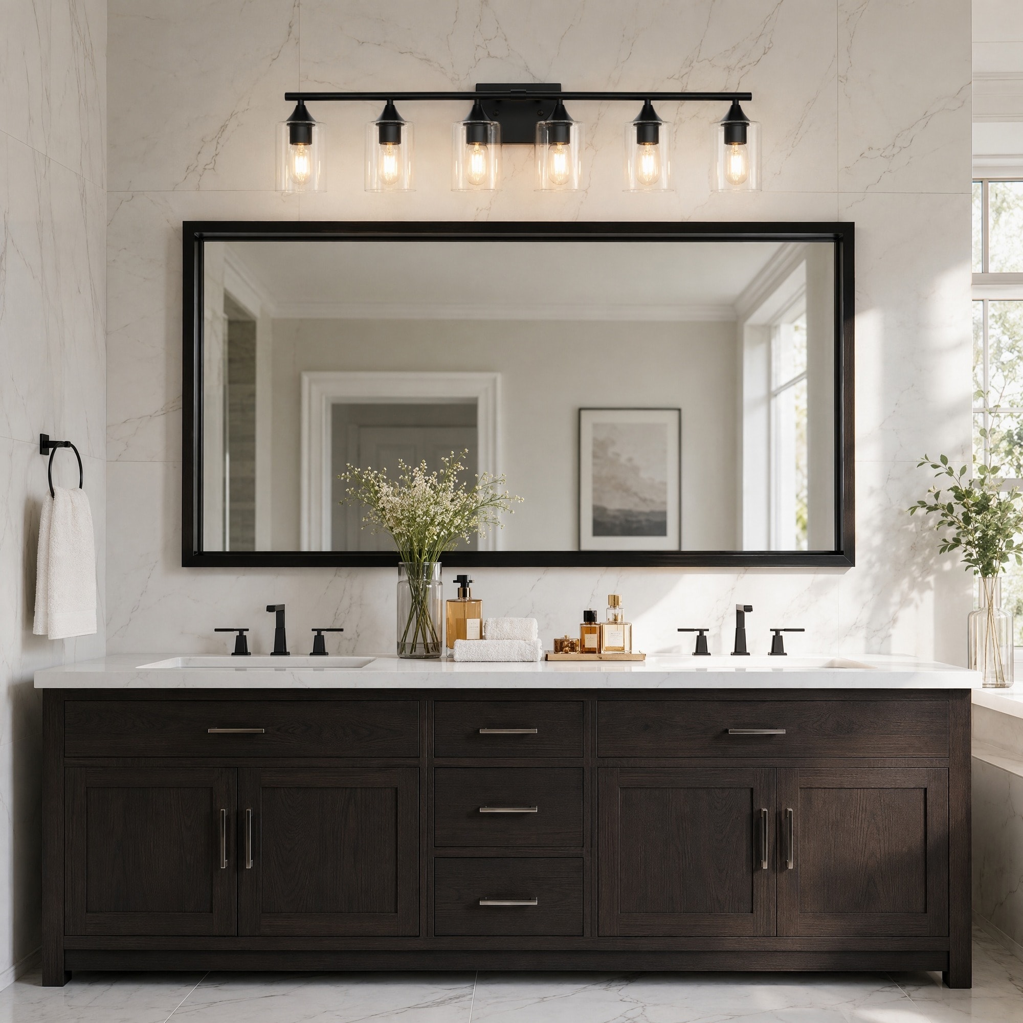 HyperDrop Cart 6 Light Iron Large Master Bathroom Vanity Light Wall Sconce with Clear Cylinder Glass Shade