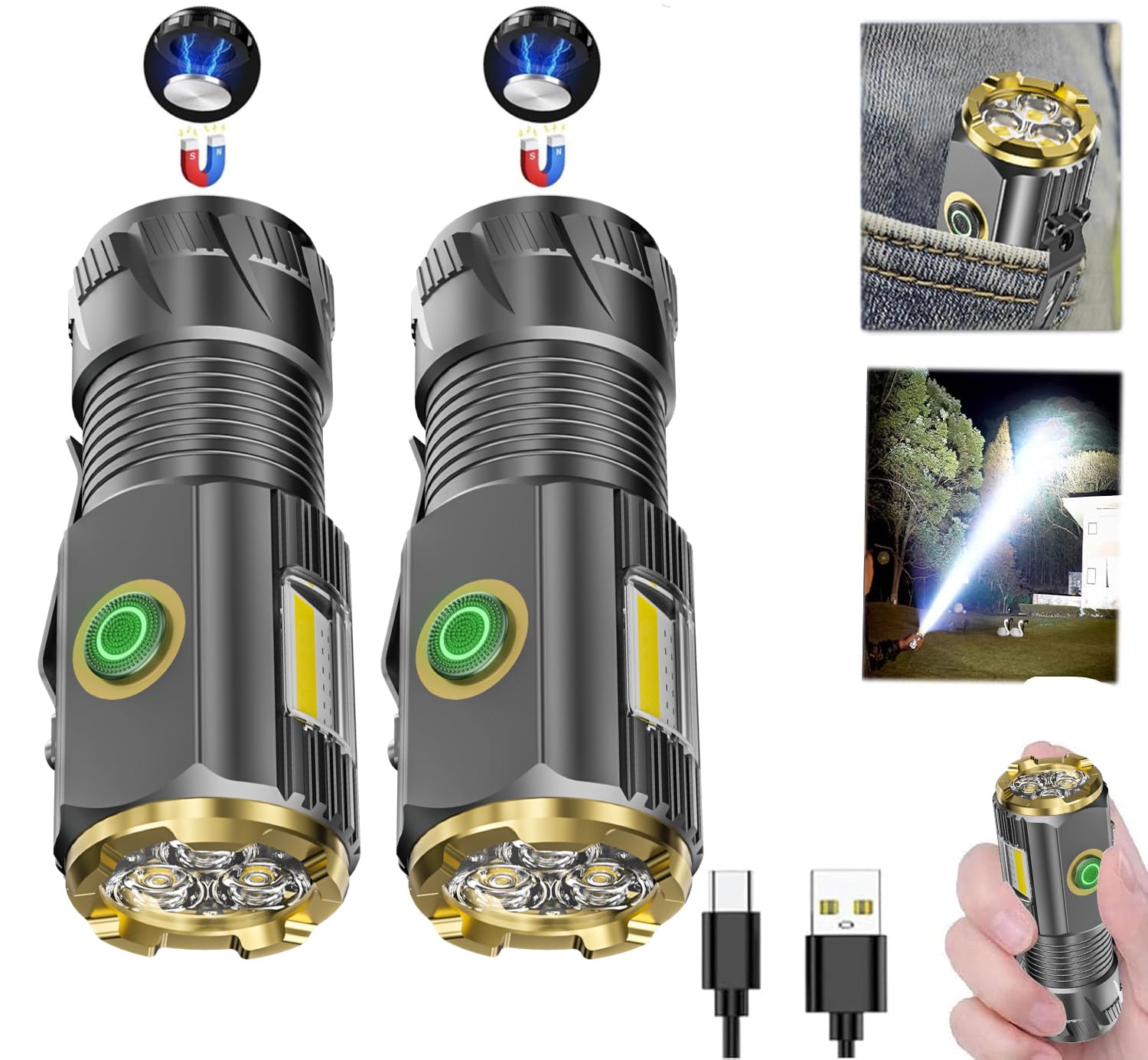 SenQWFa renewable power Mini LED Flashlight 9000 Lumens Ultra Bright Small Flashlight with Clip and Magnet IPX6 Waterproof 6 Modes for Camping #LDC0828C057