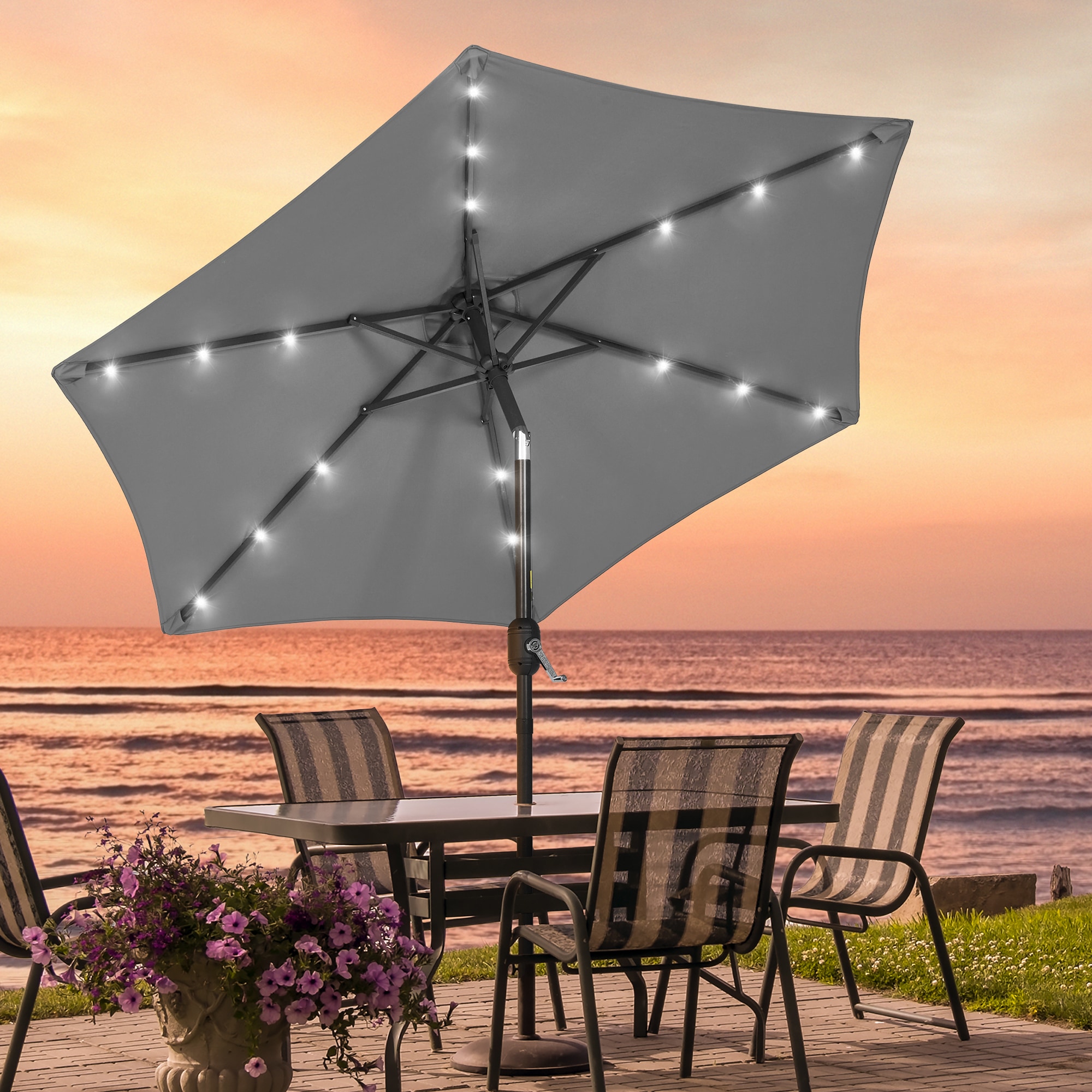 Sonkuki SD-LED90GY 7.5-Feet Steel Gray Push-button Tilt Market Patio Umbrella with Lights and