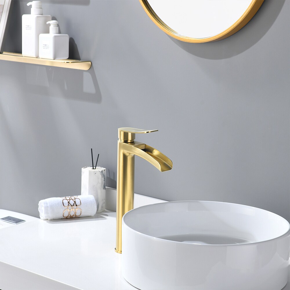 Phiestina Brushed Gold Single Hole 1 Handle Waterfall Bathroom Sink Faucet With Drain In The 