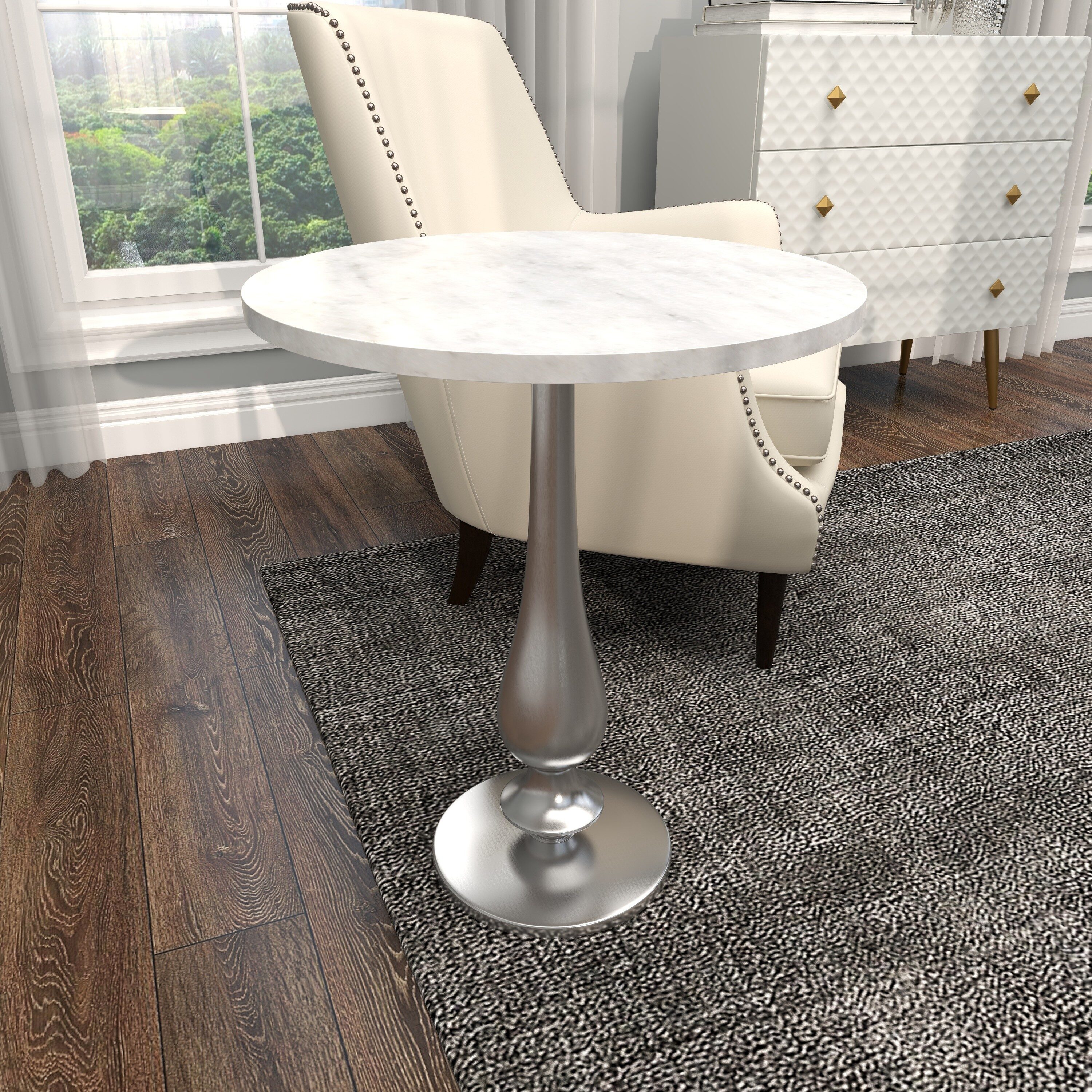 White Marble and Silver Aluminum Round Accent Table