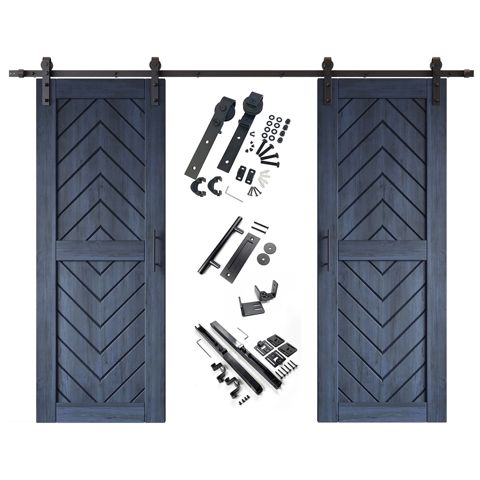 HOMACER YT2H108C-JT2-2680-NA 26-in x 80-in Navy Herringbone Pine Wood Solid core Double Barn Door (Hardware Included)