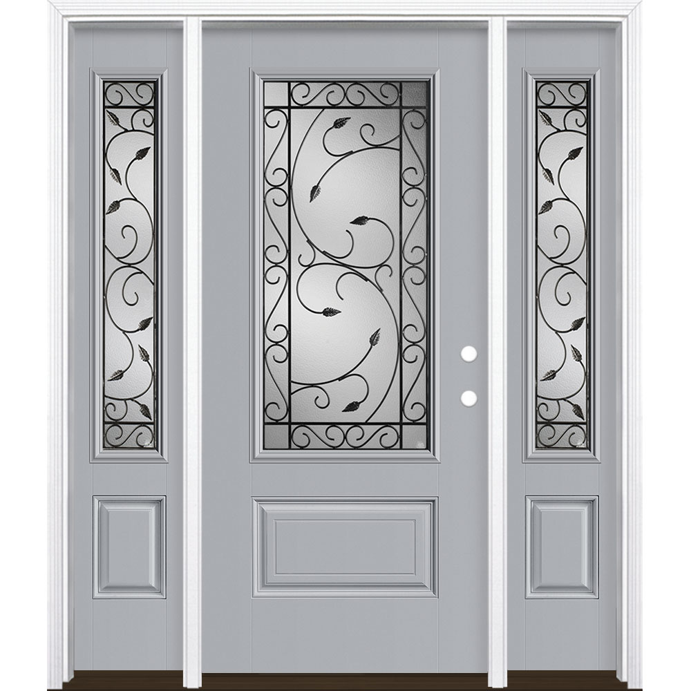 Masonite 3422519 Pergola 60-in x 80-in x 4-9/16-in Fiberglass 3/4 lite Left-hand inswing Infinity Gray Painted Prehung Single door with sidelights Front Door with Brickmould Insulating core Decorative glass