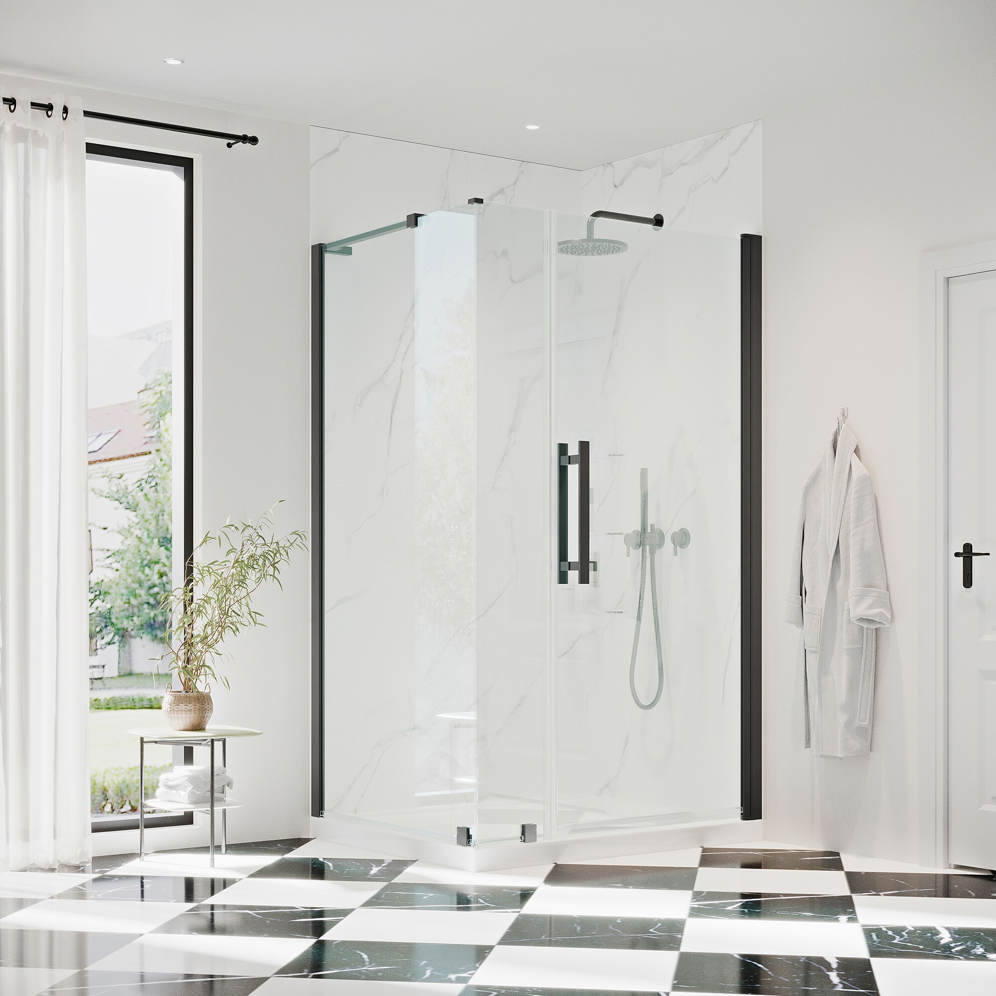 Tampa-Pro 72" High Black Frameless Corner Shower Kit with Tempered Glass