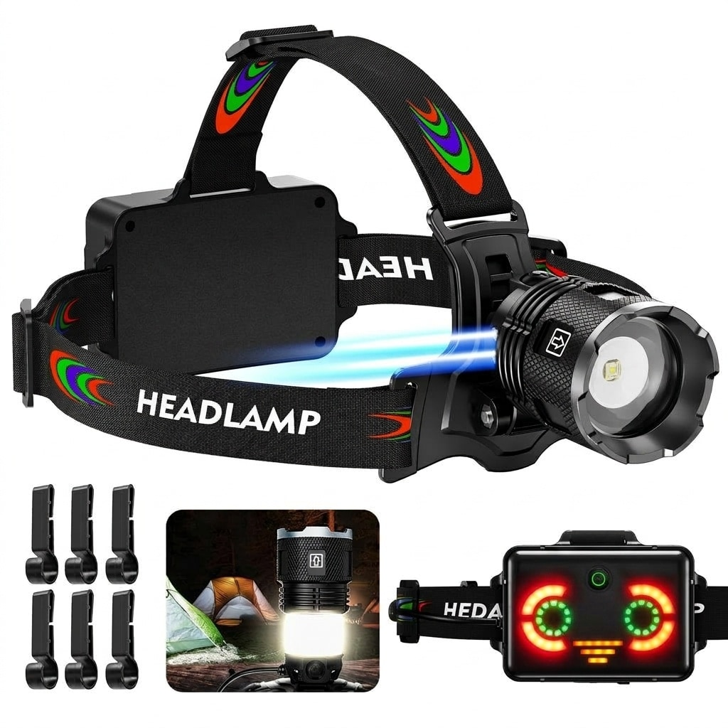 Vrbgify 1 Piece 220000 Lux Rechargeable LED Headlamp 17 Modes Motion Sensor Adjustable Focus 125 Degree Angle IP65 Waterproof for Camping Fishing Hiking Bike Hardhat #LVG0427P24