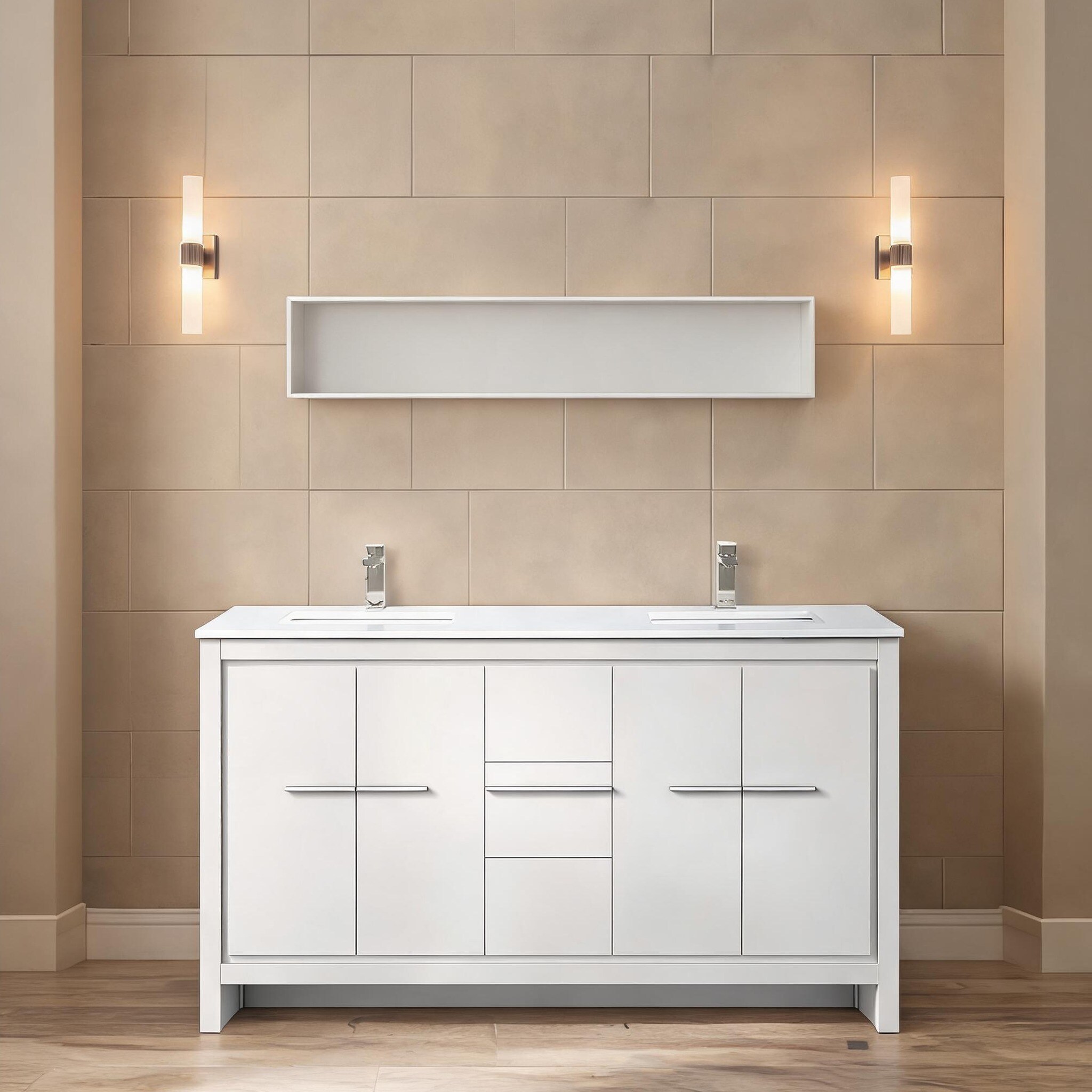 Naturefalls Double Bath Vanity with Quartz Top and Faucet Set 60-Inch Classic White Wood Cabinet with Soft-Close Storage