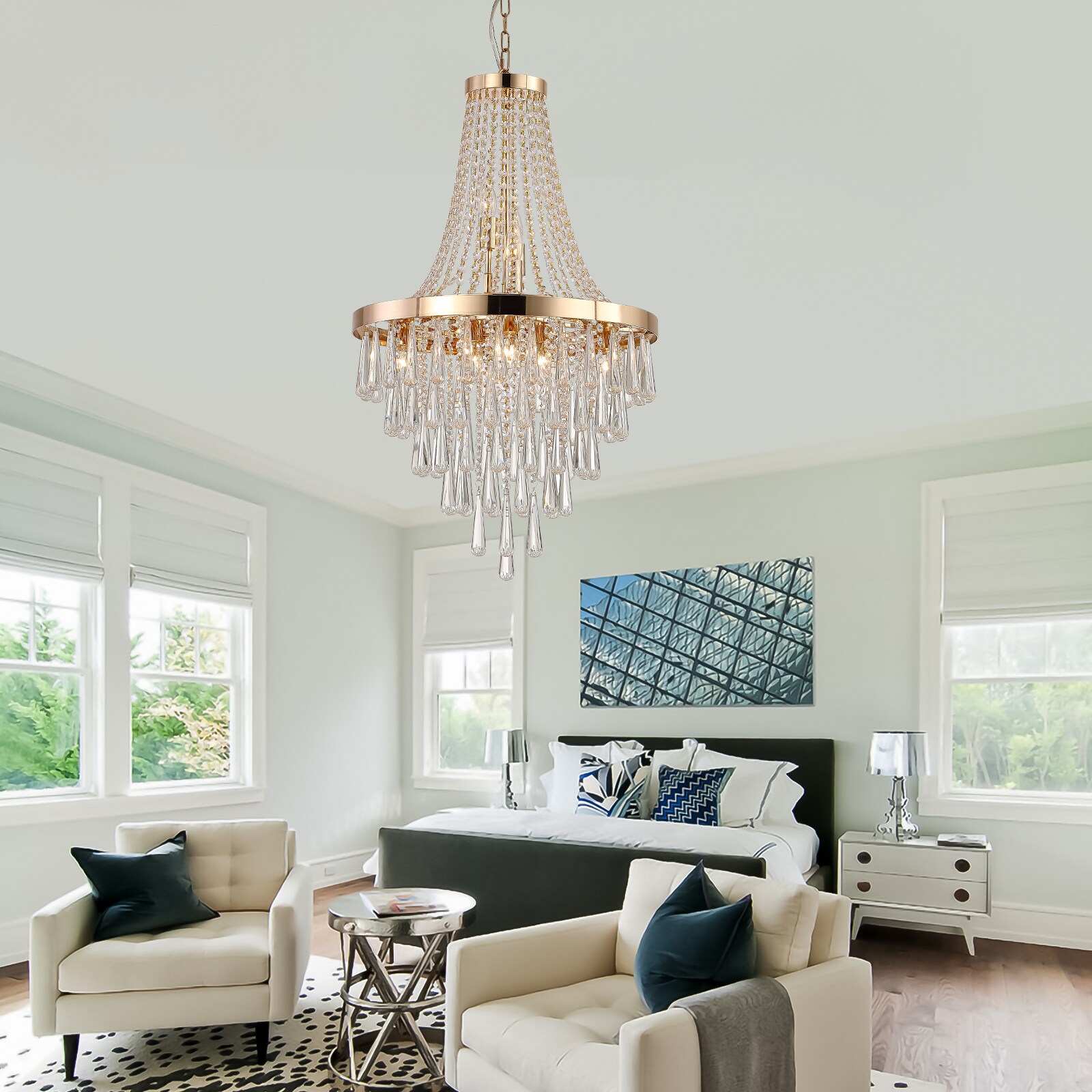 Tenleaf 19.70in Modern Crystal Pendant Chandelier with Golden Finish  Elegant 11-Light Hanging Light Fixture Tiered Design for Dining Room Living Room Entryway (No Bulbs)