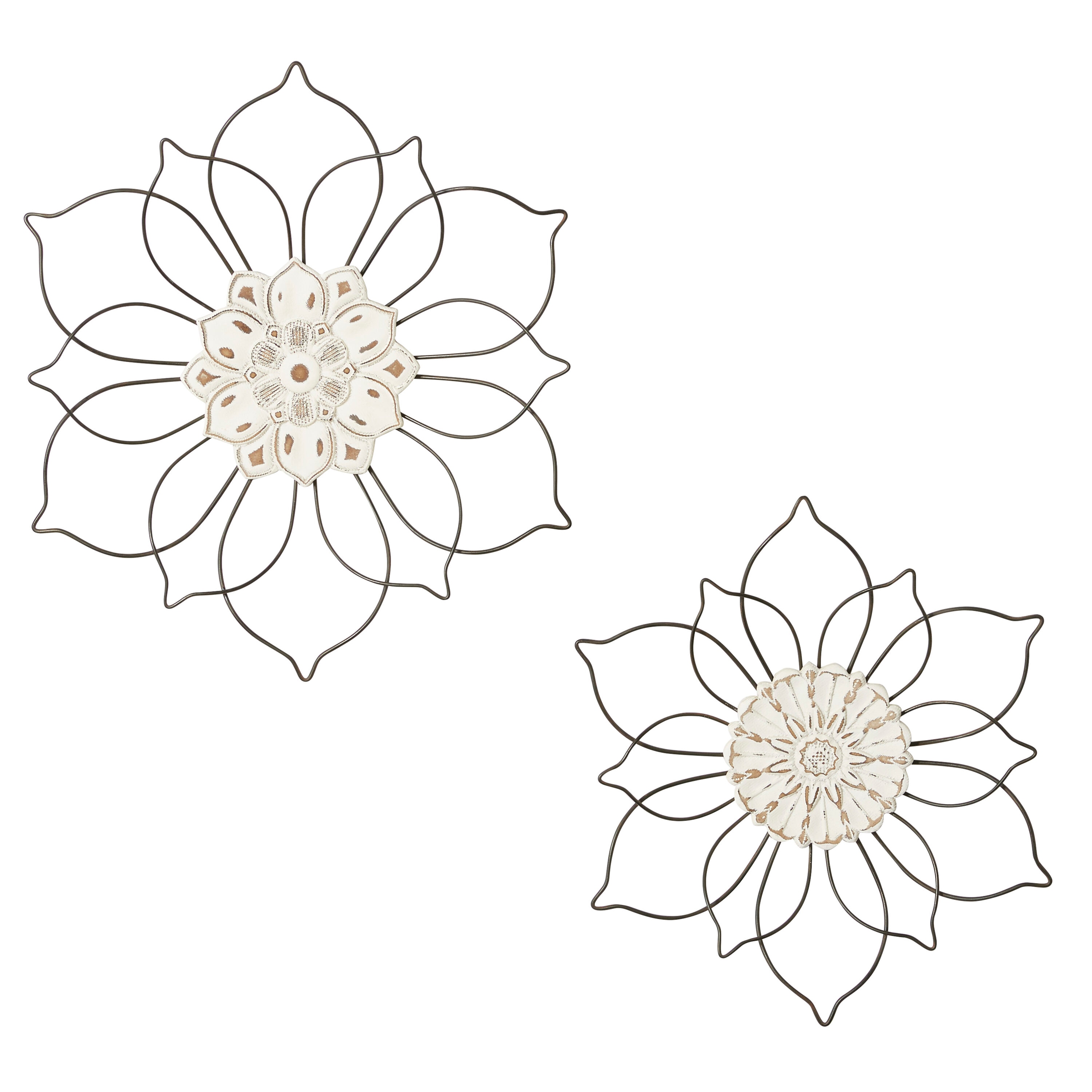 Elegant Black Metal and Wood Floral Wall Decor Set of 2