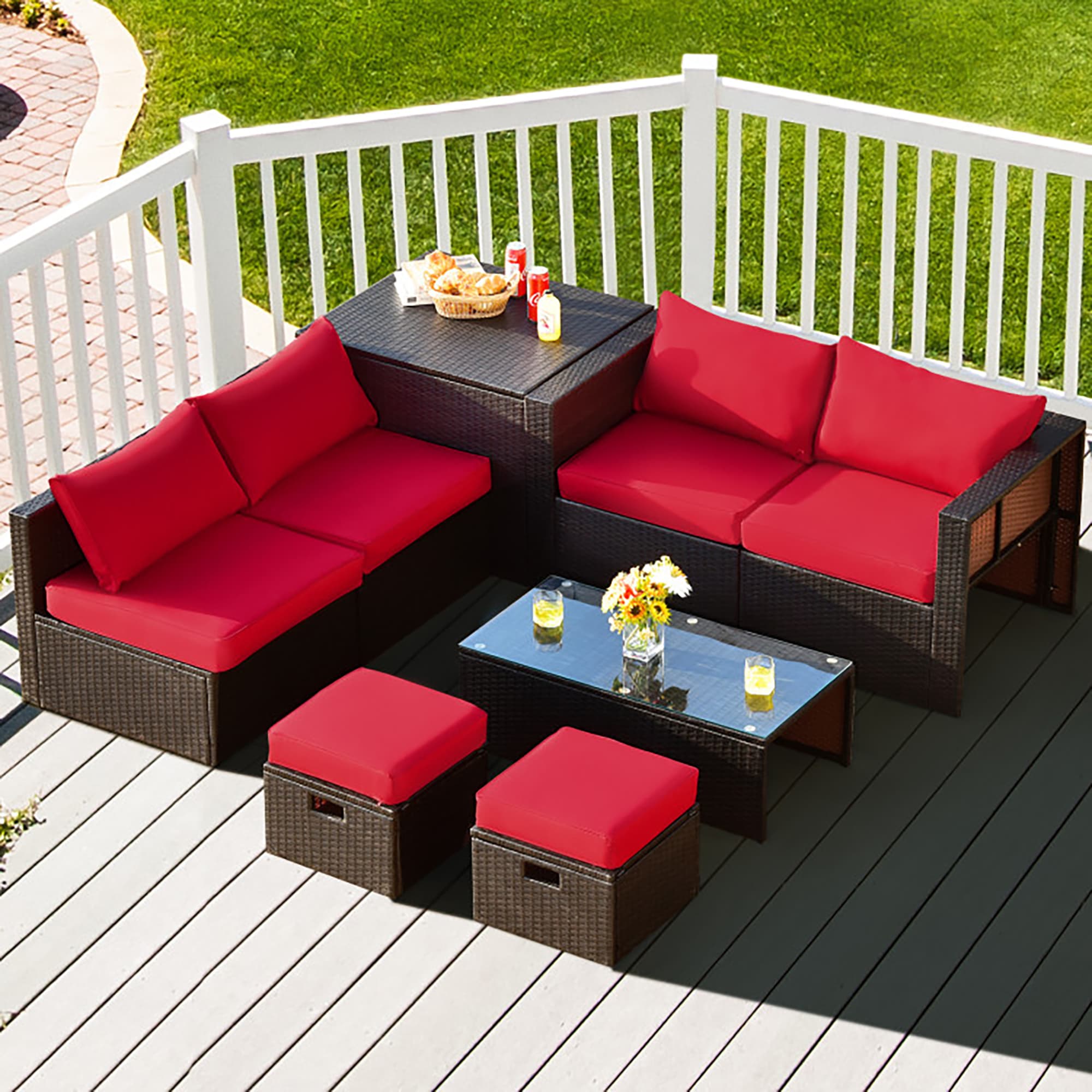 CASAINC CN-WFQ03-RD 8 -Piece Rattan 2 Patio Sofa Conversation Set with Red Cushions
