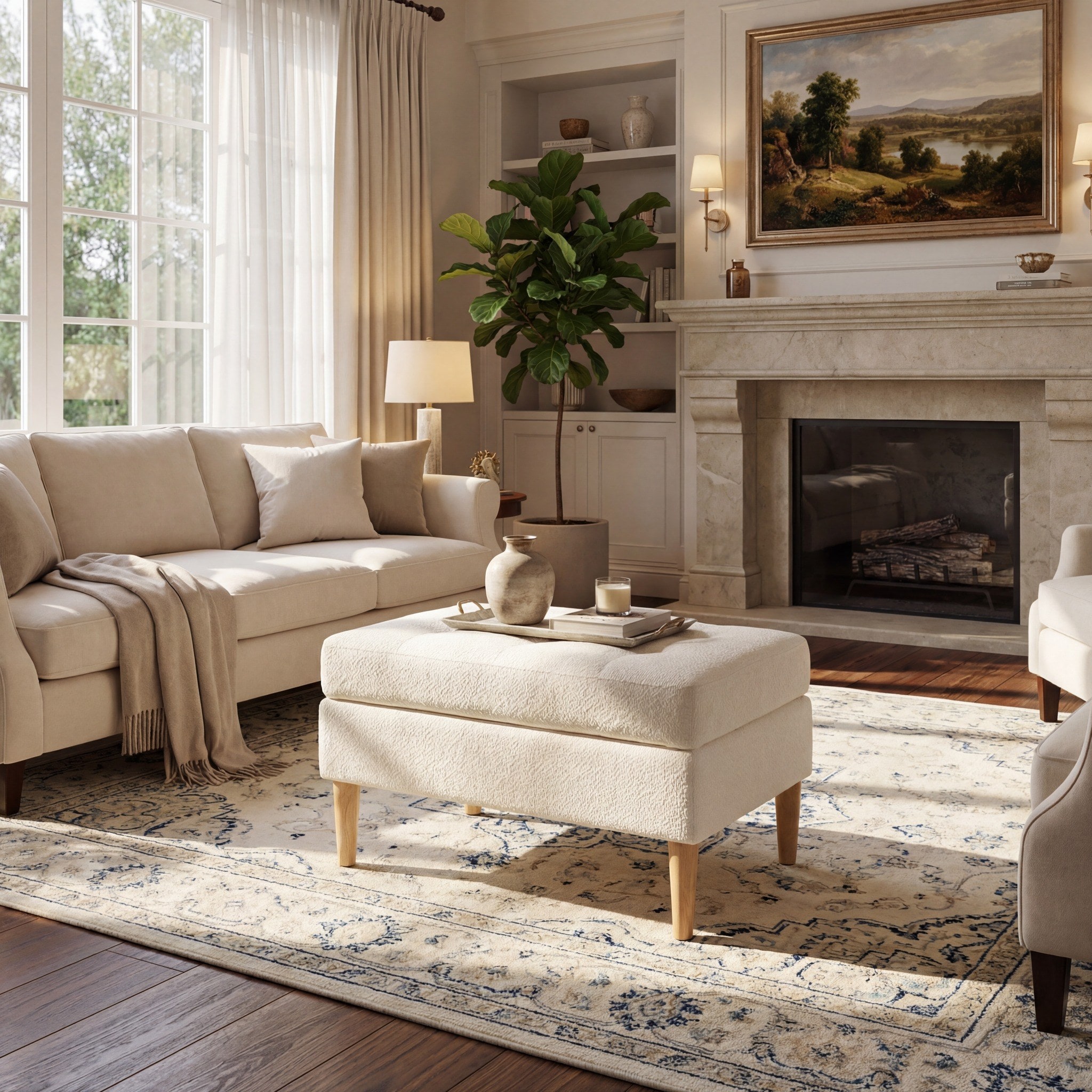 Christopher Knight Home - Upholstered Ottoman Solid Wooden Legs Ivory Standard Size Durable Comfo...