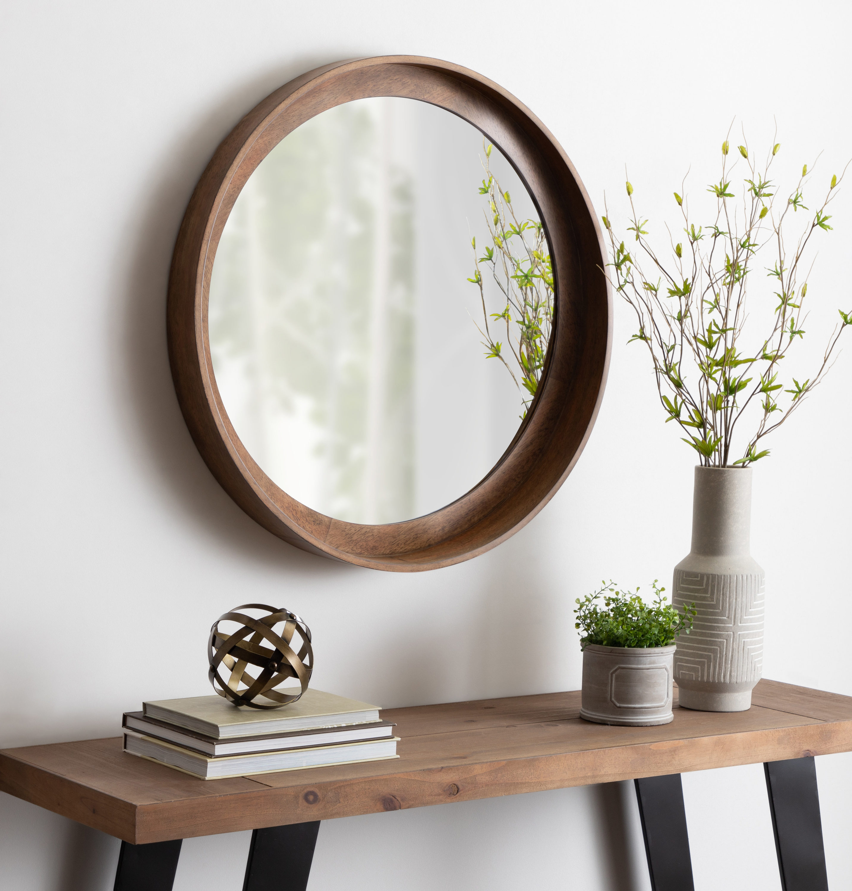 Kate and Laurel Basking 29.92-in W x 29.92-in H Round Brown Framed Wall  Mirror in the Mirrors department at