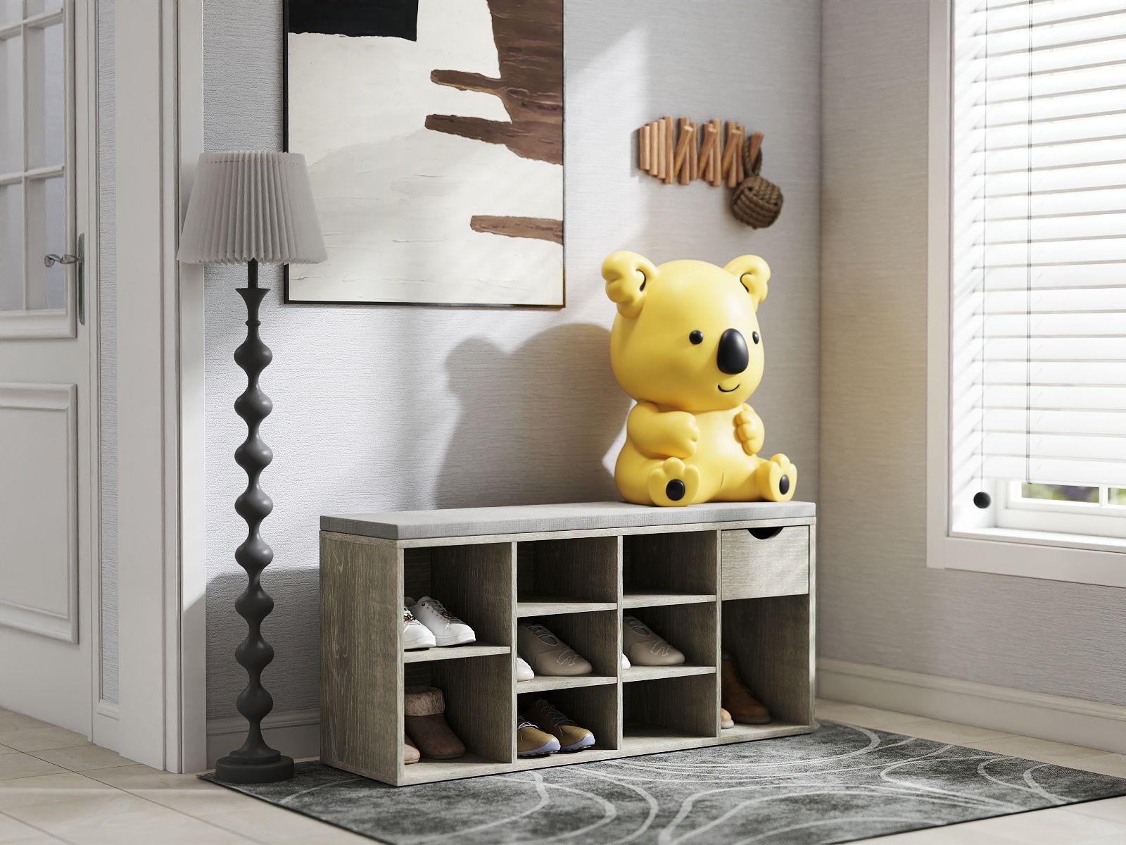 LOVMOR SF-Y-W3151P288934 Storage Bench Shoe Bench Entryway Bench with Padded Cushion Drawer and Open Compartments Bench with Storage 3 Tier Shoe Rack Bench