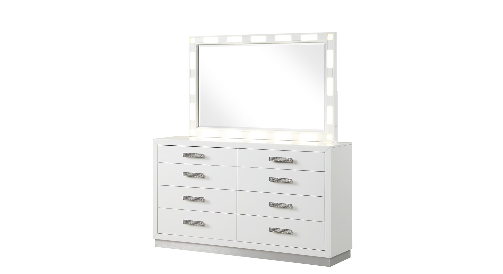Milky White 8-Drawer Dresser with Mirror and Crystal Handles