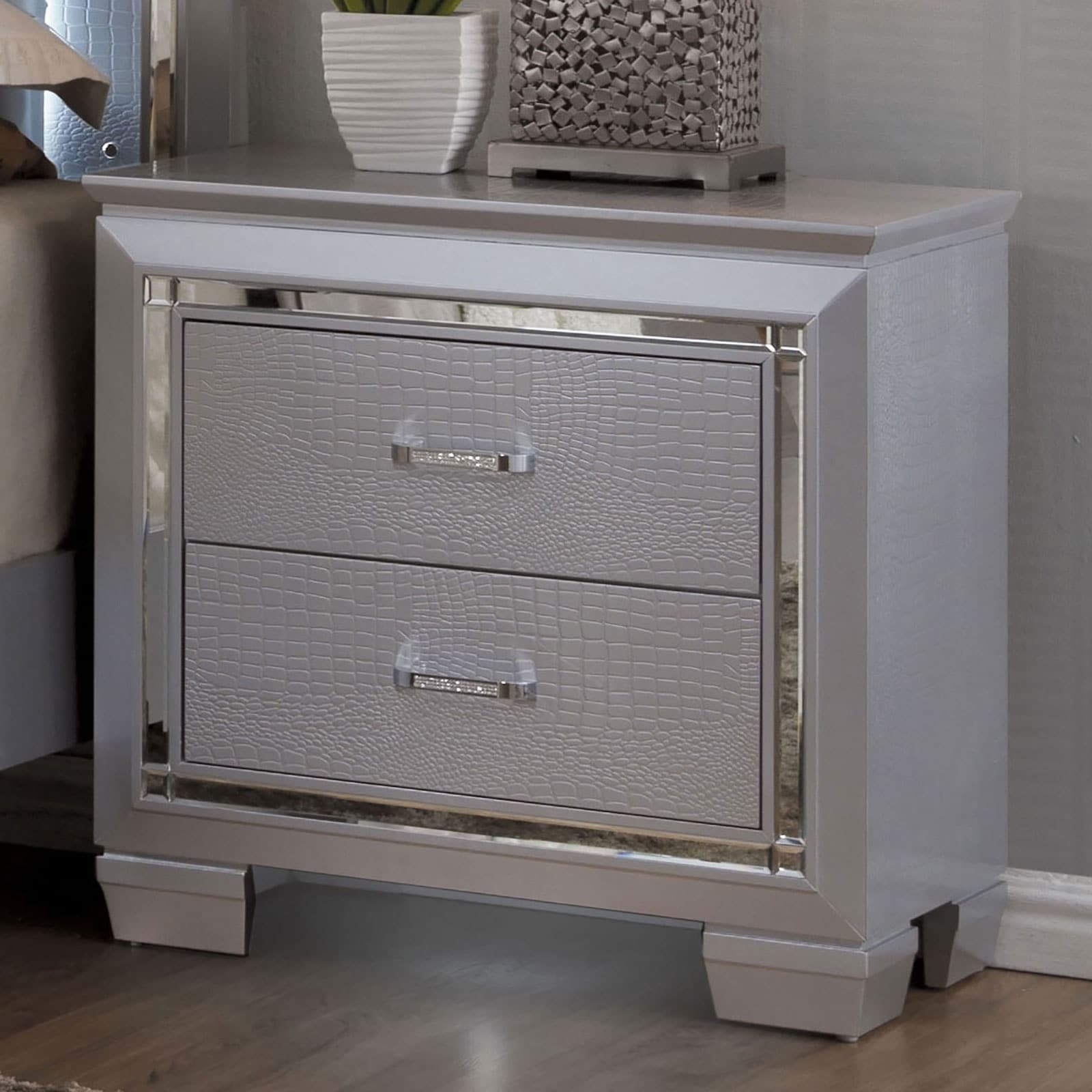Contemporary 1pc Nightstand Silver Bedside Table LED Light English Dovetail