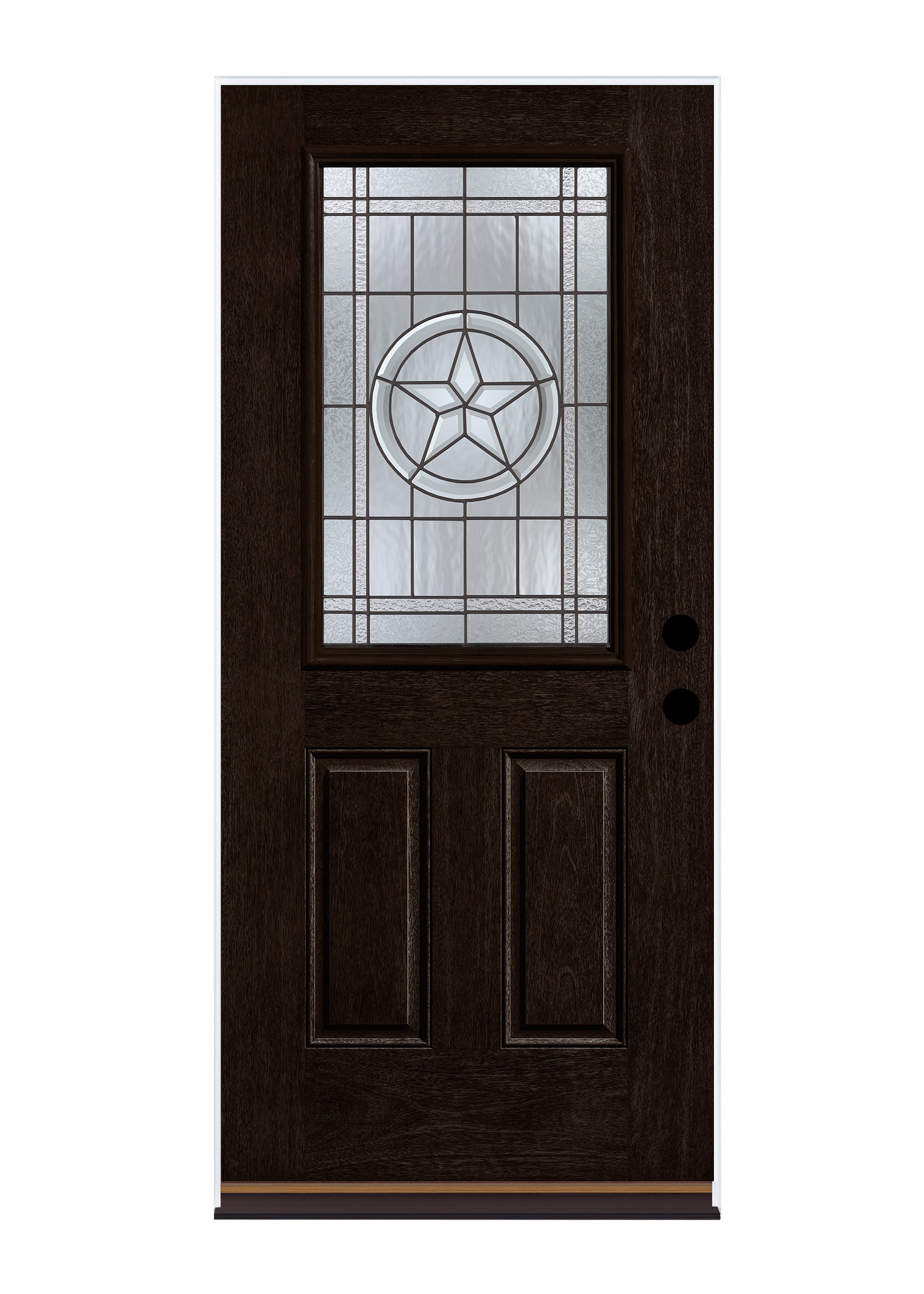 Therma-Tru Star 36-in x 80-in x 4-9/16-in Fiberglass Half Lite Right-Hand Outswing Dark Elm Stained Prehung Front Door Insulating Core in Black -  TTB639487SOS