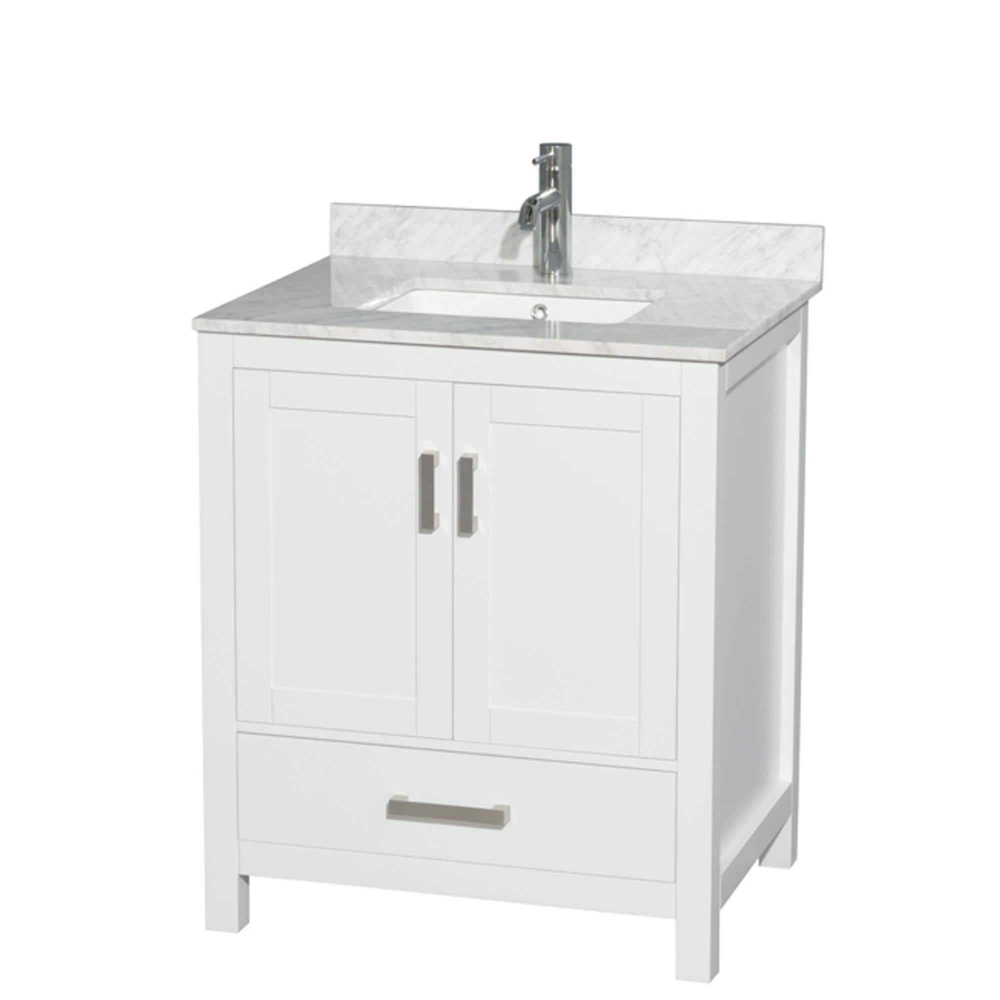 Wyndham Collection WCS141430SWHCMUNSMXX Sheffield 30-in White with Brushed Chrome Trim Undermount Single Sink Bathroom Vanity with White Carrera Natural Marble Top