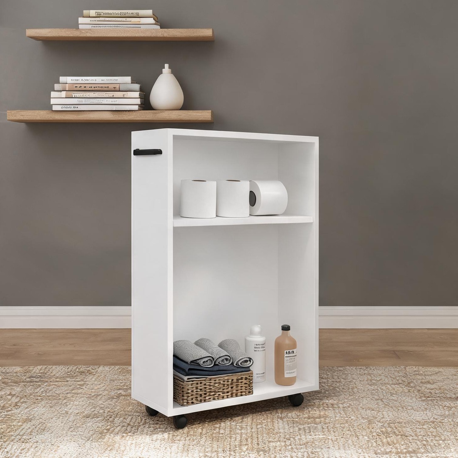 SunJet Classic White Compact Bathroom Storage Cart with Louvered Doors Engineered Wood