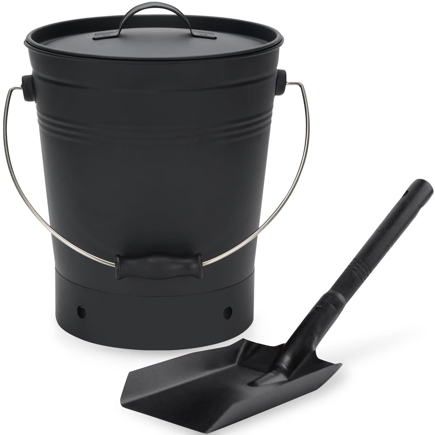 Misopily  Ash Bucket with Lid and Wood Handle Fireplace Ash Carrier Pail with Metal Shovel for Fire Pit Wood Burning Stove Black 2 Point 3 Gallon