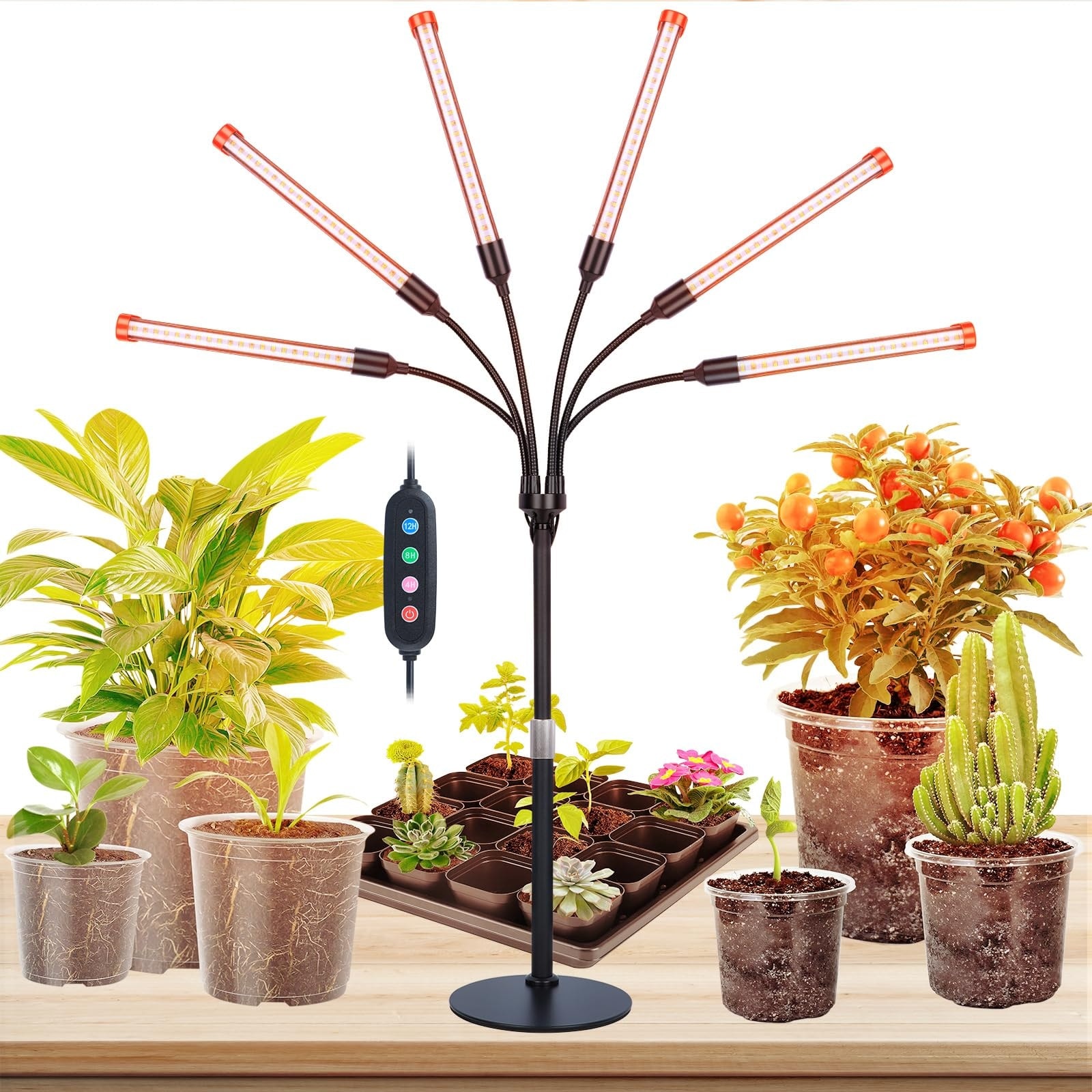 Oyezvary  6 Head Table Top Grow Lights for Indoor Plants with Timer 54W Full Spectrum LED Lamp Adjustable Height for Seed Starting Bonsai Home Use