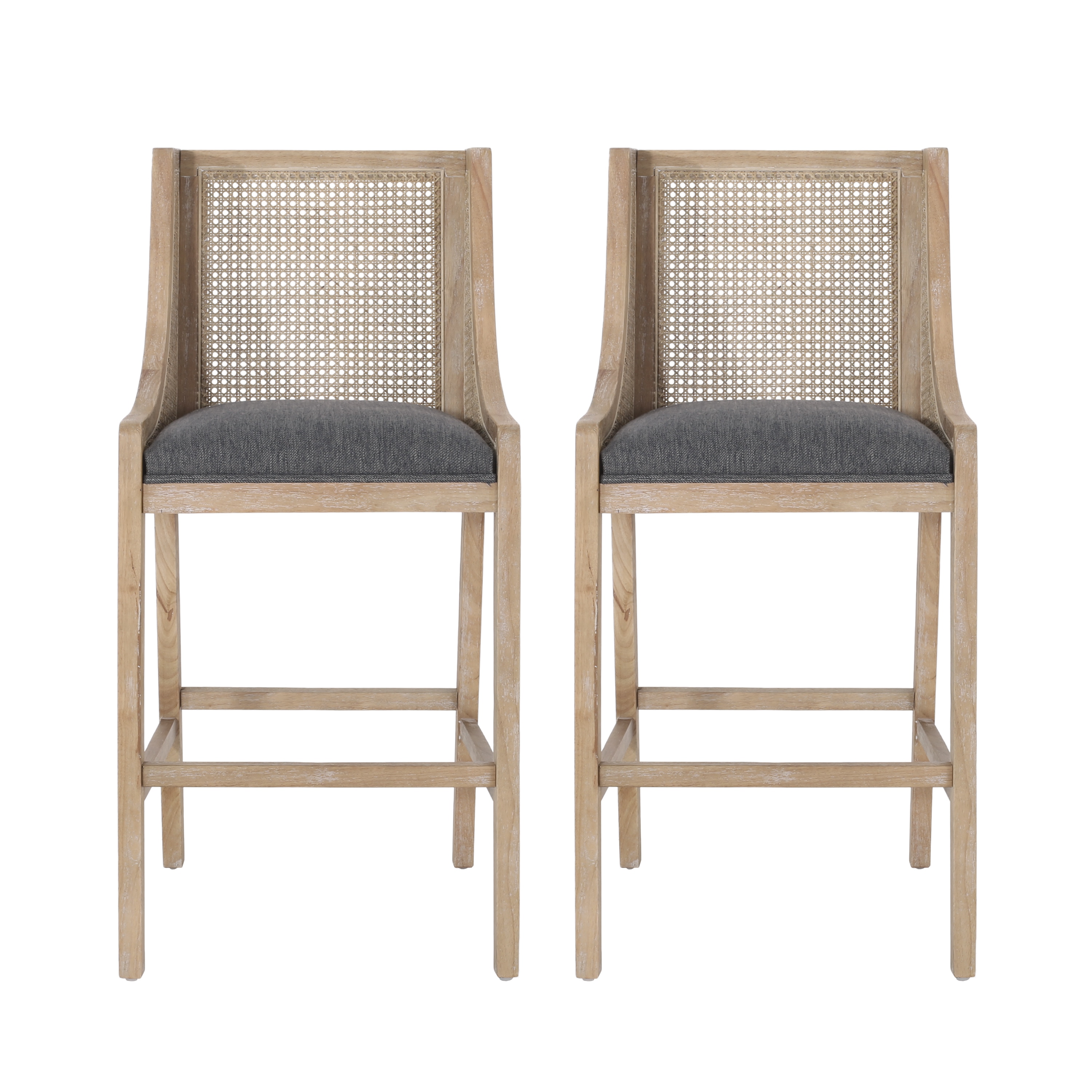 Charcoal and Natural Wood Cane Back 30" Barstools, Set of 2