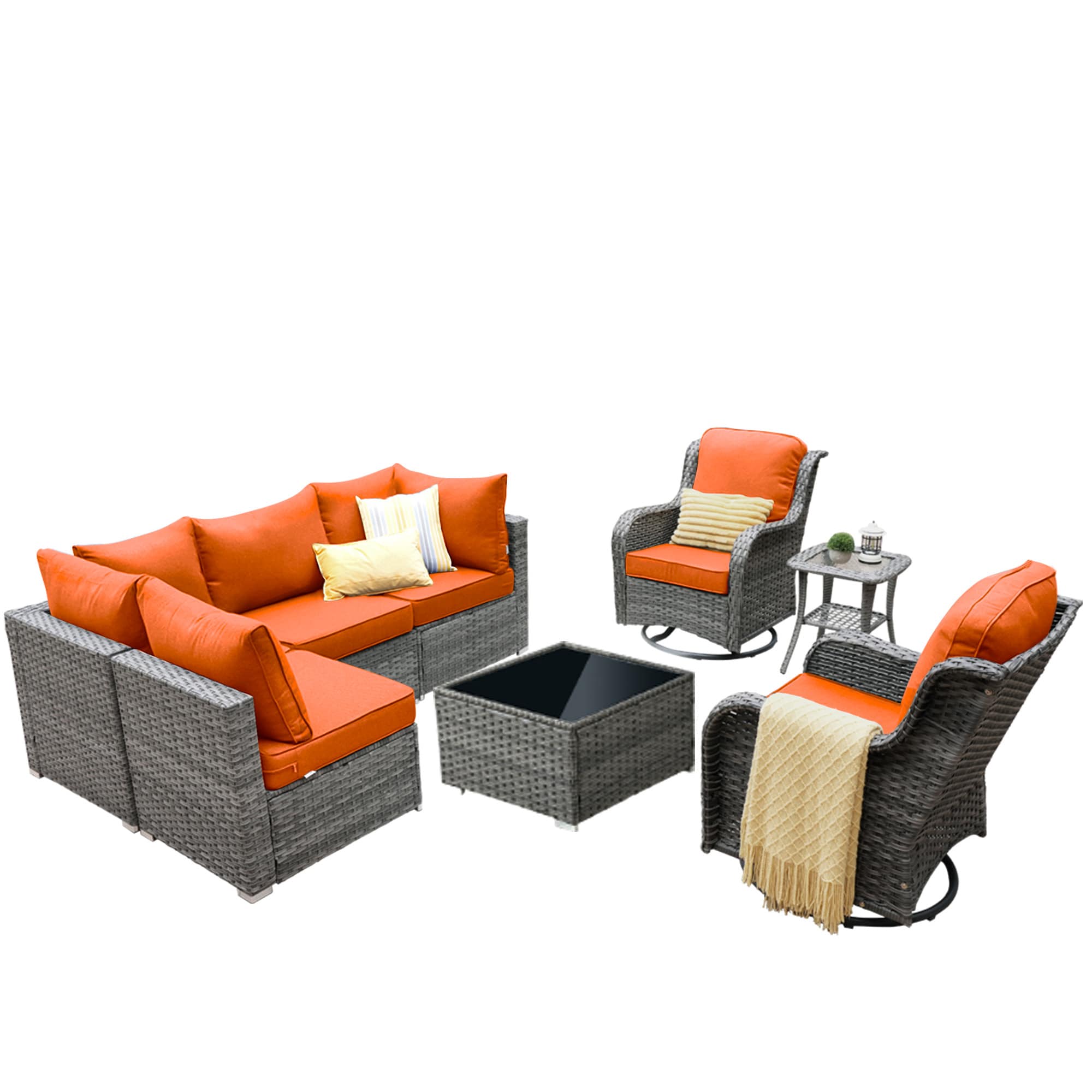 weaxty DDFPRRSGRS808 Kuuga Rattan Outdoor Sectional with Orange Cushions and Steel Frame