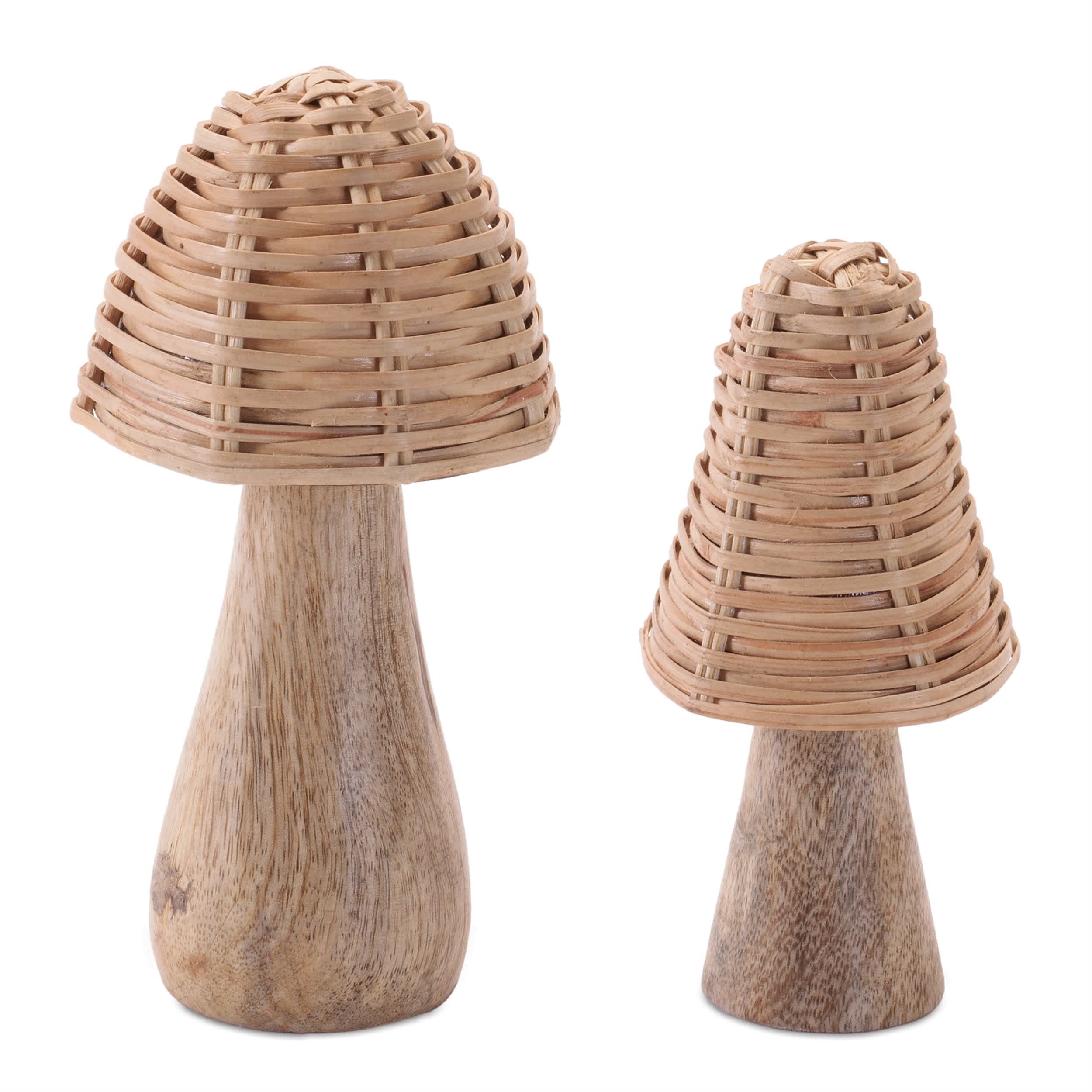 Melrose International Natural Wood and Rattan Mushroom Decor (Set of 2)