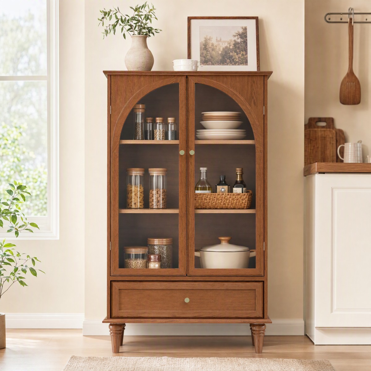 GlasFlength  52.4 Inch Vintage Farmhouse Storage Cabinets Arched Glass Bar Cabinet Decorative Storage Cabinet with Adjustable Shelves and Drawer for Dining Room Living Brown