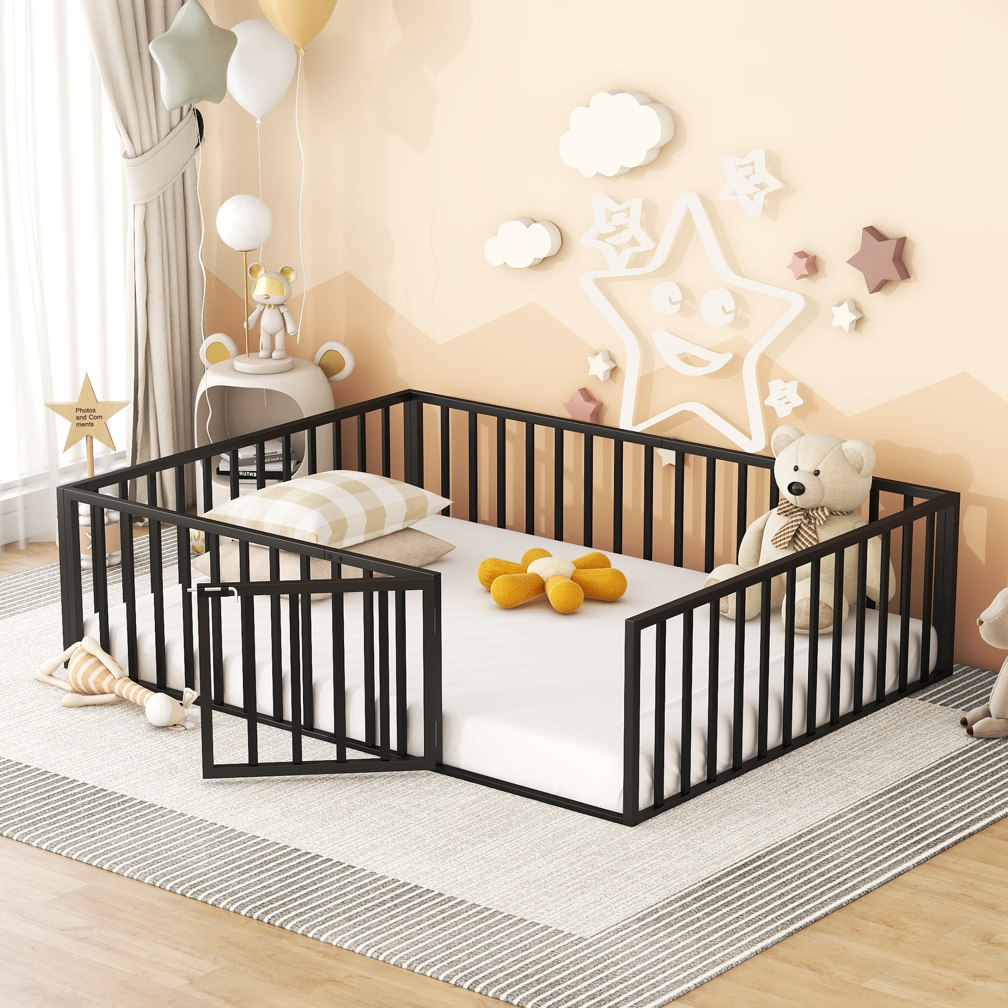 JUSHUA - Queen Size Metal Floor Bed Frame with Fence and Door Black