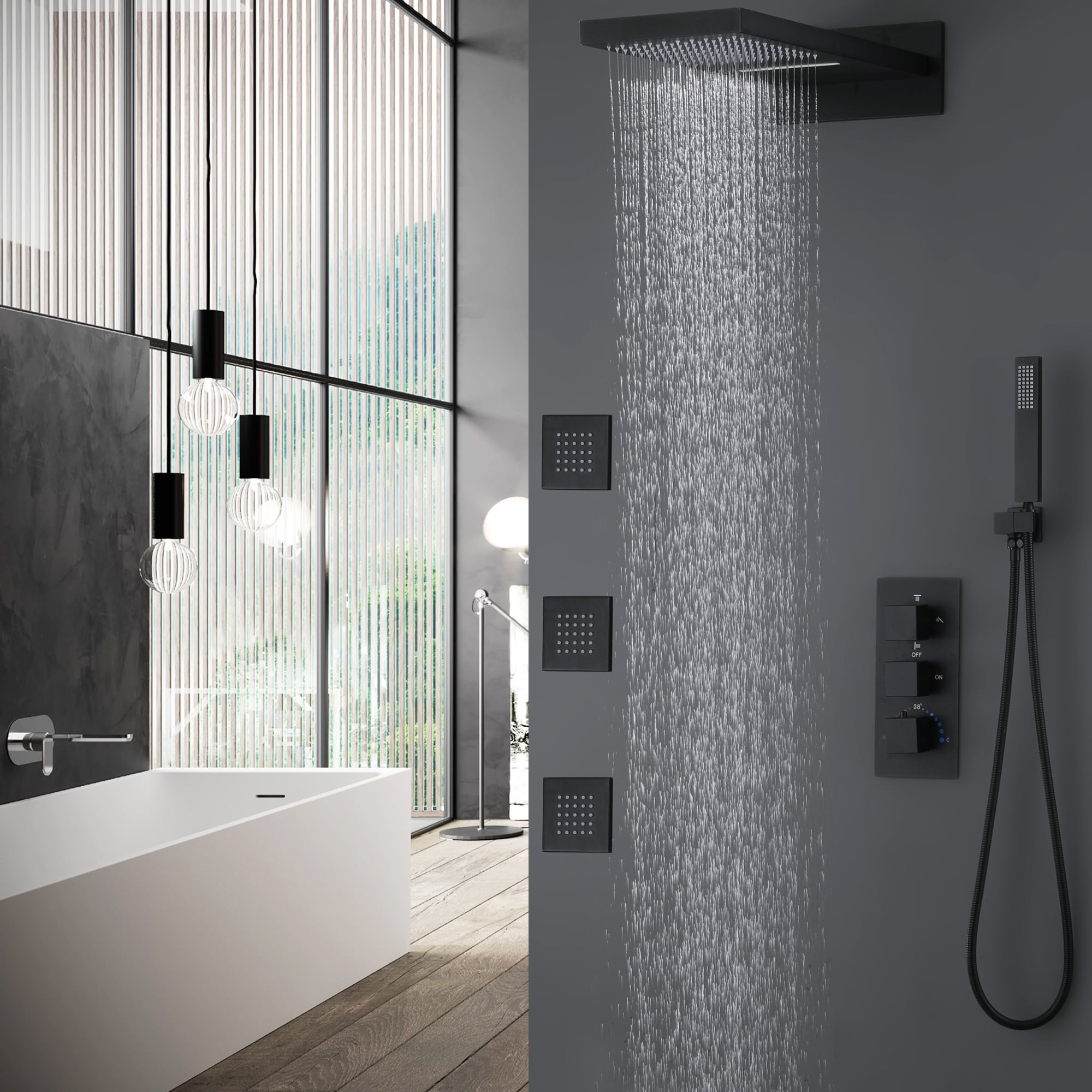 Nestfair KPS85031B Matte Black 3-handle Multi-head 10-in Rectangle Shower Faucet with Valve