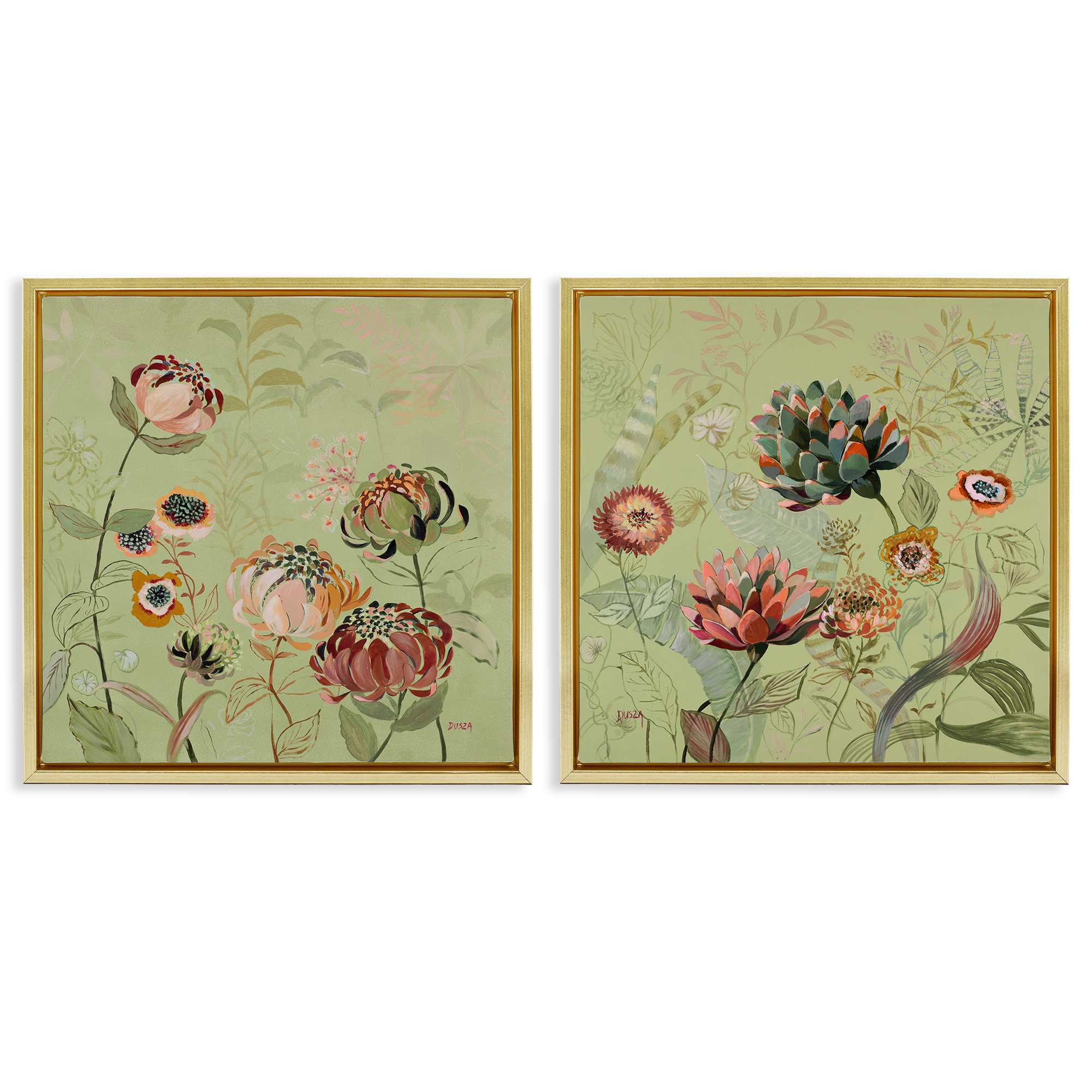 Stupell Industries B2-798-FFG-2PC-24X24 Chrysanthemums on Olive Green 2 Piece Gold Framed Floater Canvas Set By Dusza 25 x 25