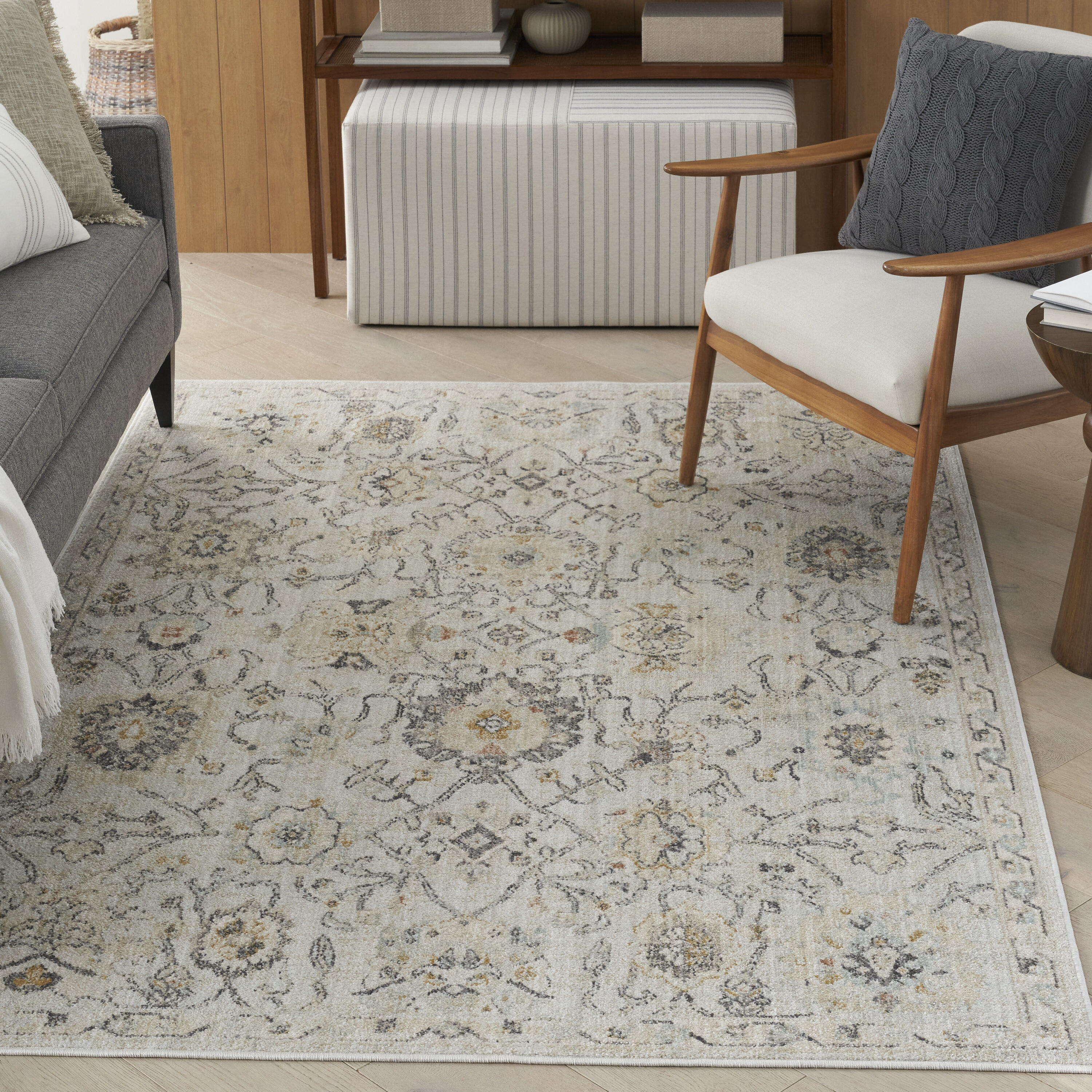 Nourison Home 099446949264 Oushak Home 4 x 6 (ft) Polypropylene Grey Rectangular Indoor Floral/Botanical Persian Area rug