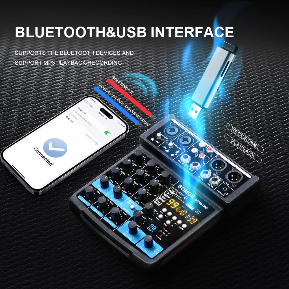Etokfoks 4 channel mini DJ audio mixer with MP3 USB stereo recording dual 48V phantom power 99 DSP effects for karaoke performance podcast #LETCF7PF8