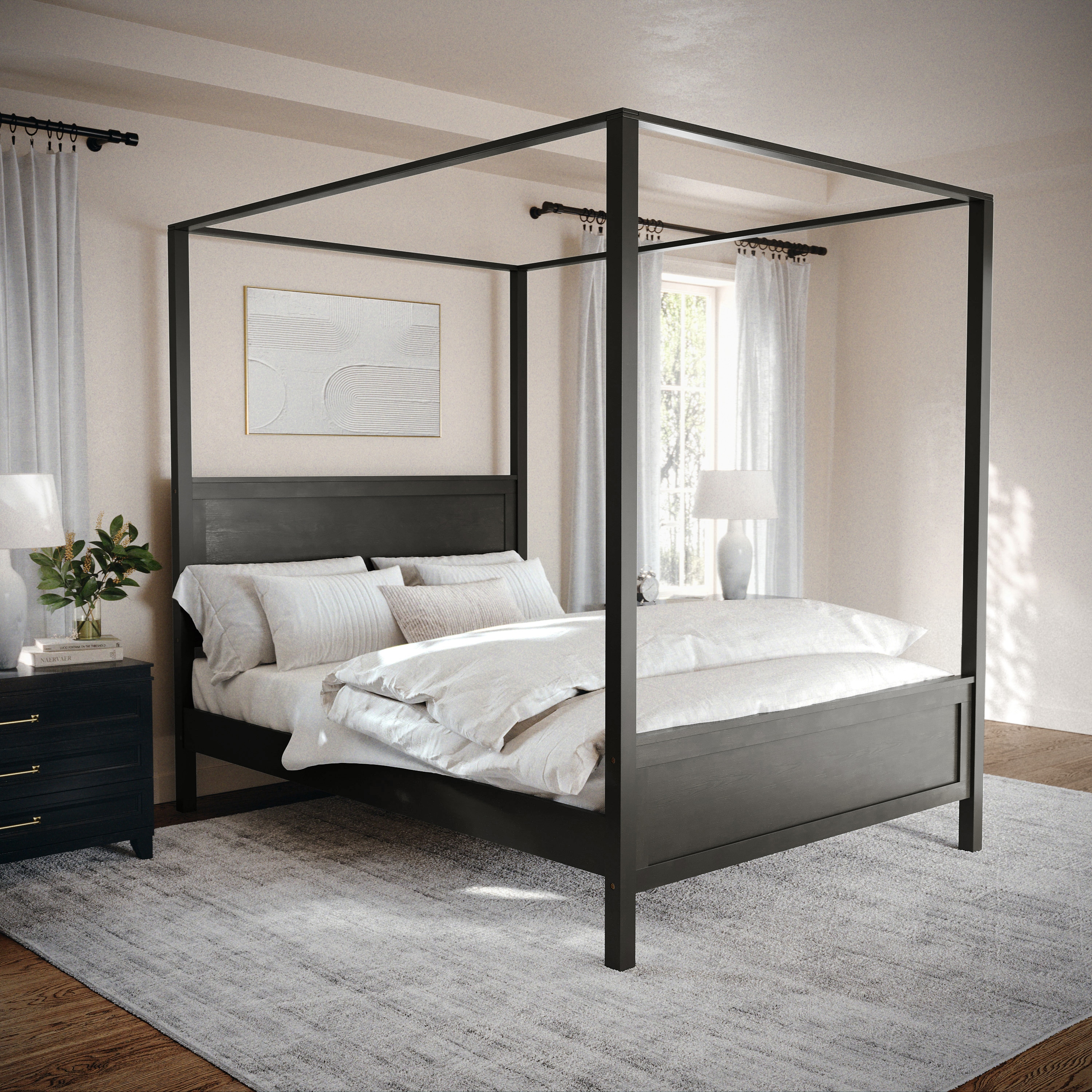 Martha Stewart 196861148927 Hayes Dark Gray Queen Wood Canopy Bed