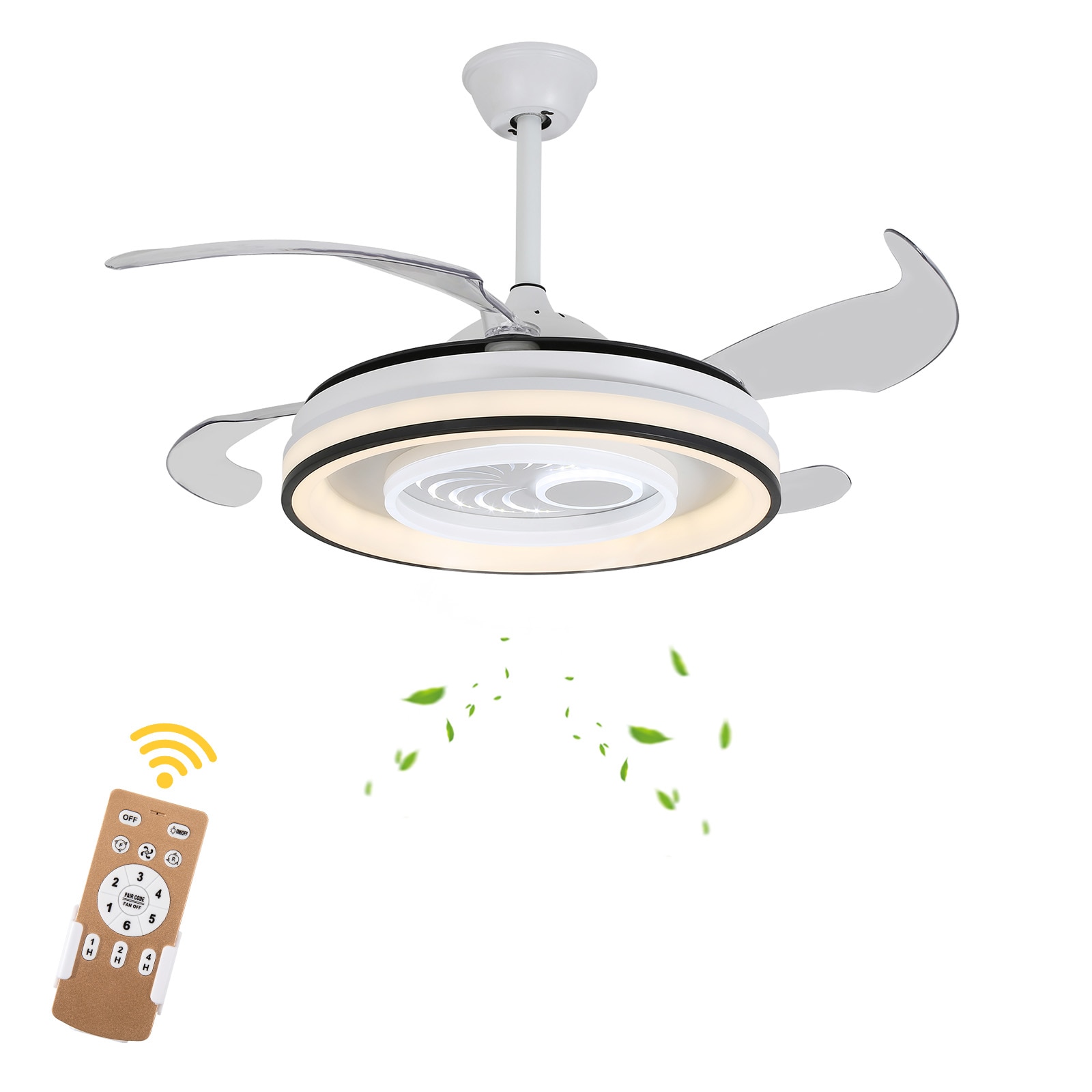Oukaning JZUCOD3T99HCX 42-in Color-Changing Downrod or Flush Mount 6-speed Reverse White with ABS Blades Chandelier Ceiling Fan With Light and Remote ( 4 -Blade )