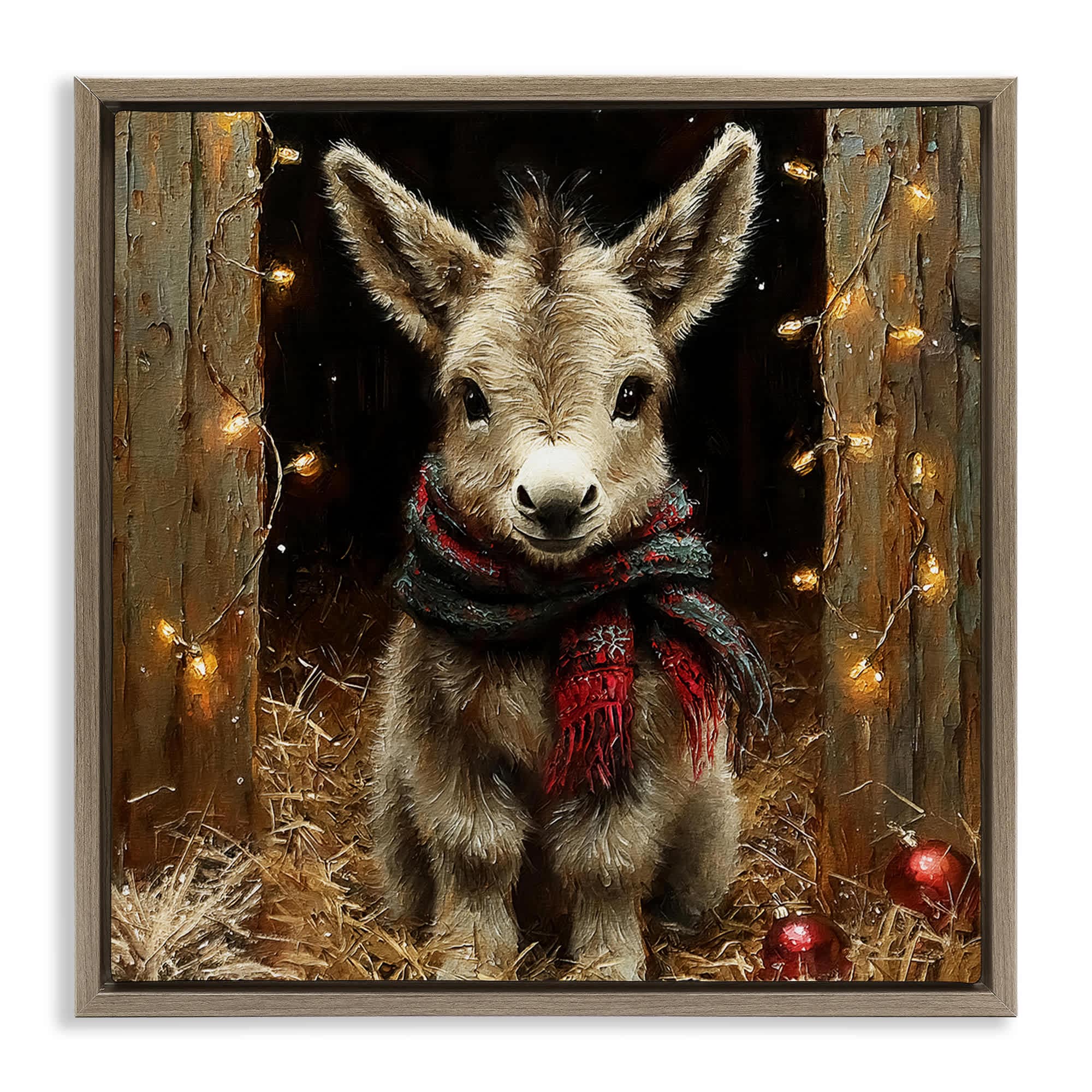 Stupell Industries BT-933-FFE-17X17 Baby Donkey and Holiday Lights Brown Framed Floater Canvas Wall Art By Riley B 18 x 18
