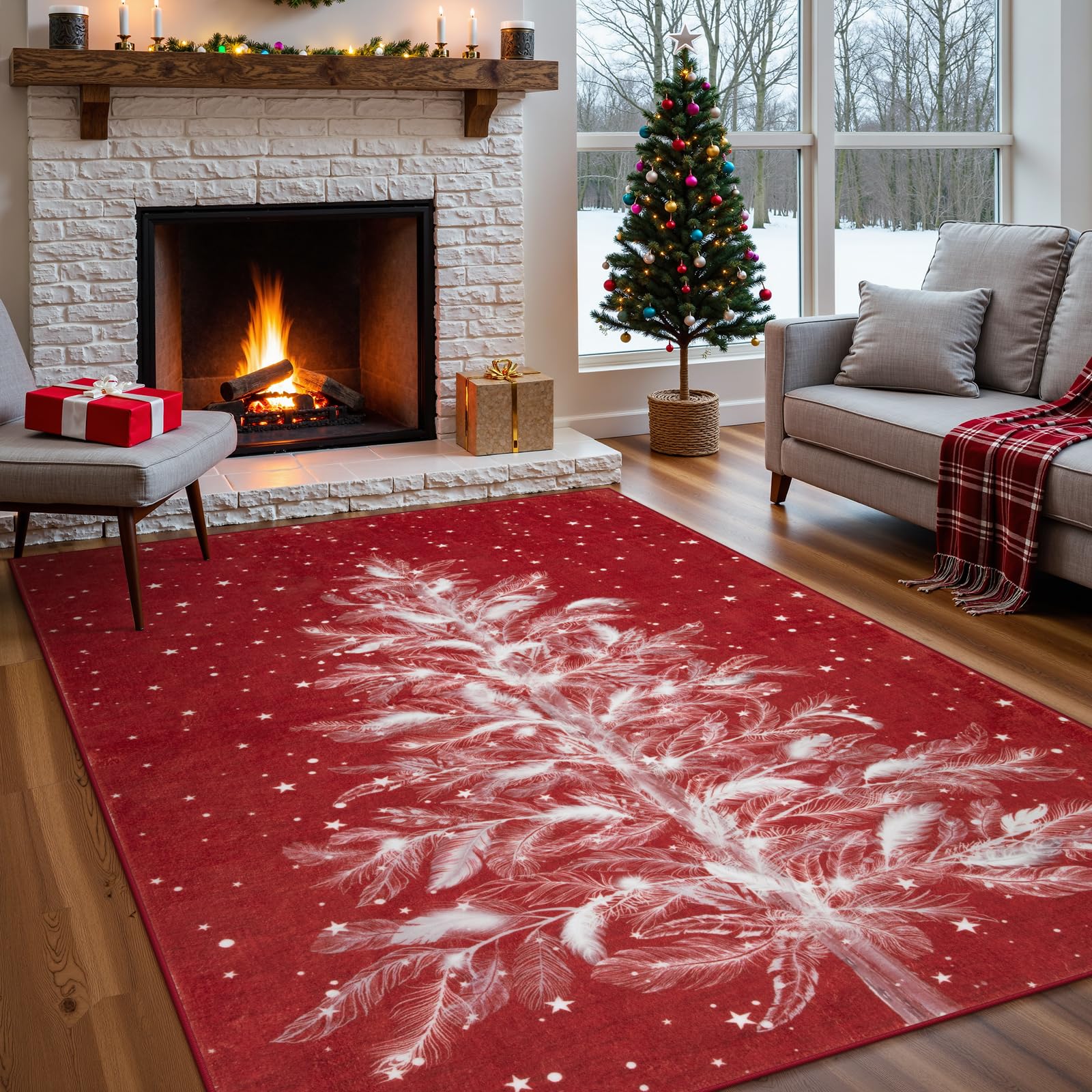 Lahome AR-DYR-409-R10 4 x 6 (ft)Red Christmas Forest Deer Moroccan Full Coverage Pearl Velvet Rectangular Indoor Area Rug